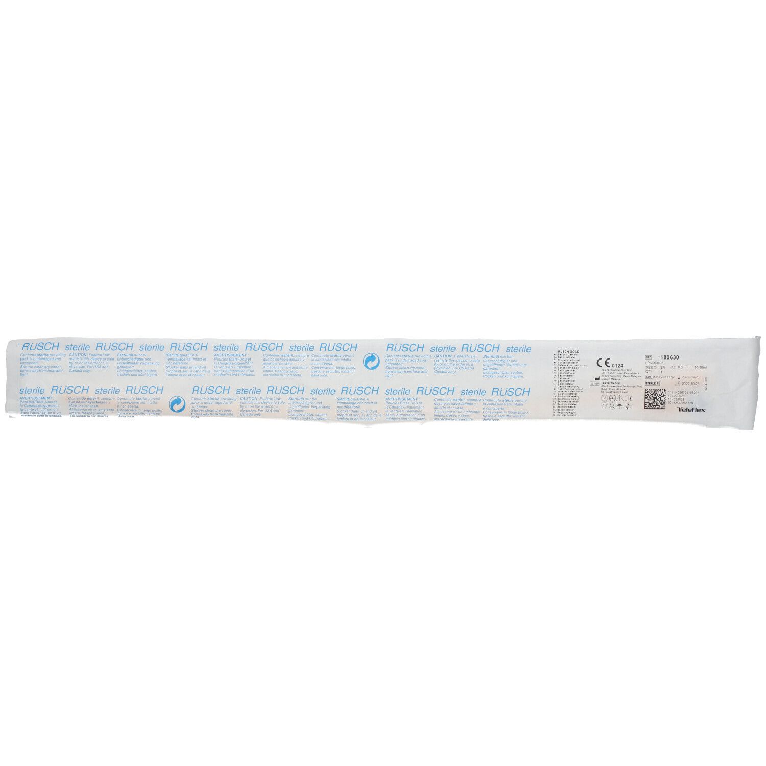 Emballage de sonde. Inscriptions: RUSCH, stérile, marquage CE, code-barres.