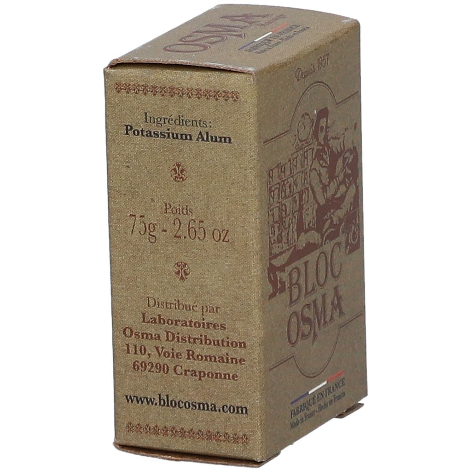 Kartonverpackung mit Aufdruck. Inhaltsstoffe: Potassium Alum. Gewicht: 75g - 2.65 oz. Adresse des Herstellers.