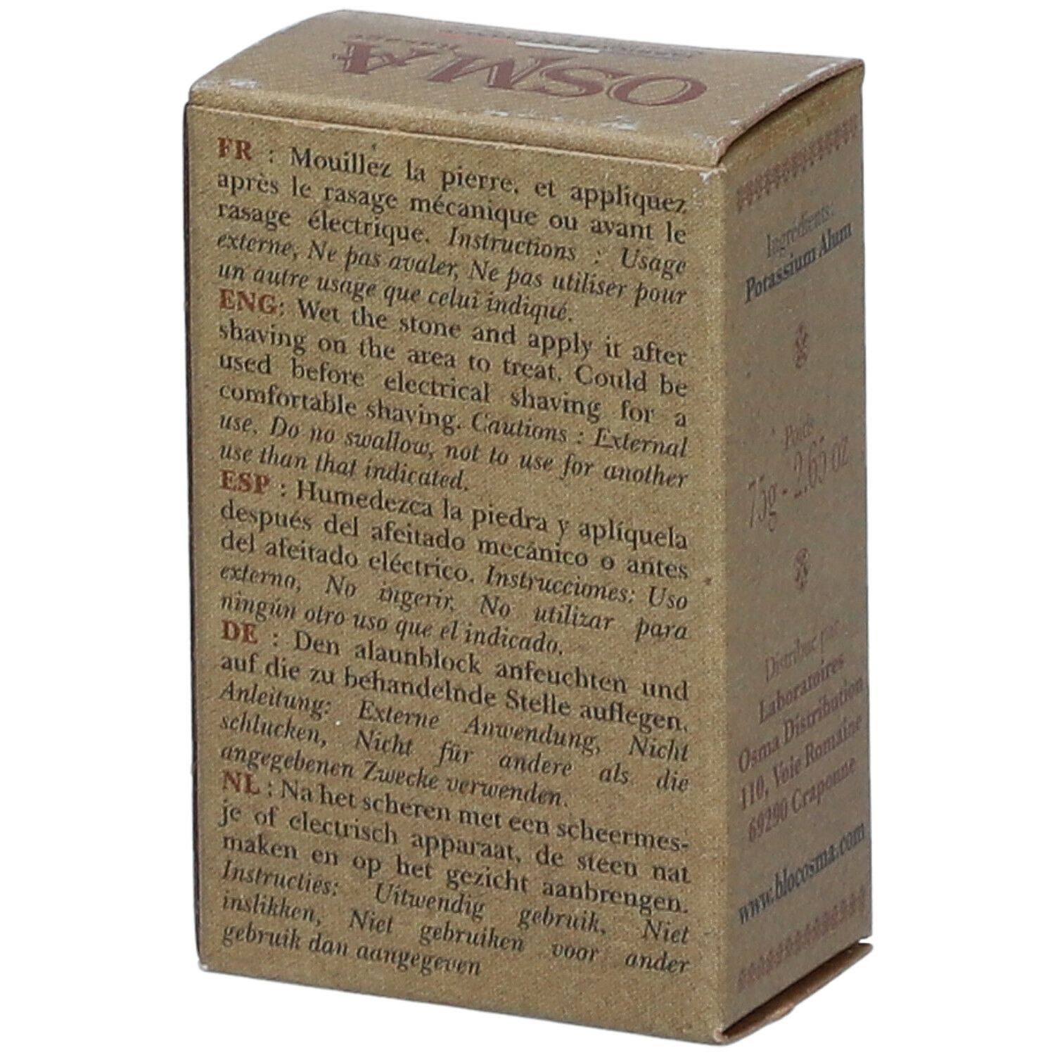 Kartonverpackung mit mehrsprachigen Gebrauchsanweisungen. Text in Französisch, Englisch, Spanisch, Deutsch und Niederländisch.