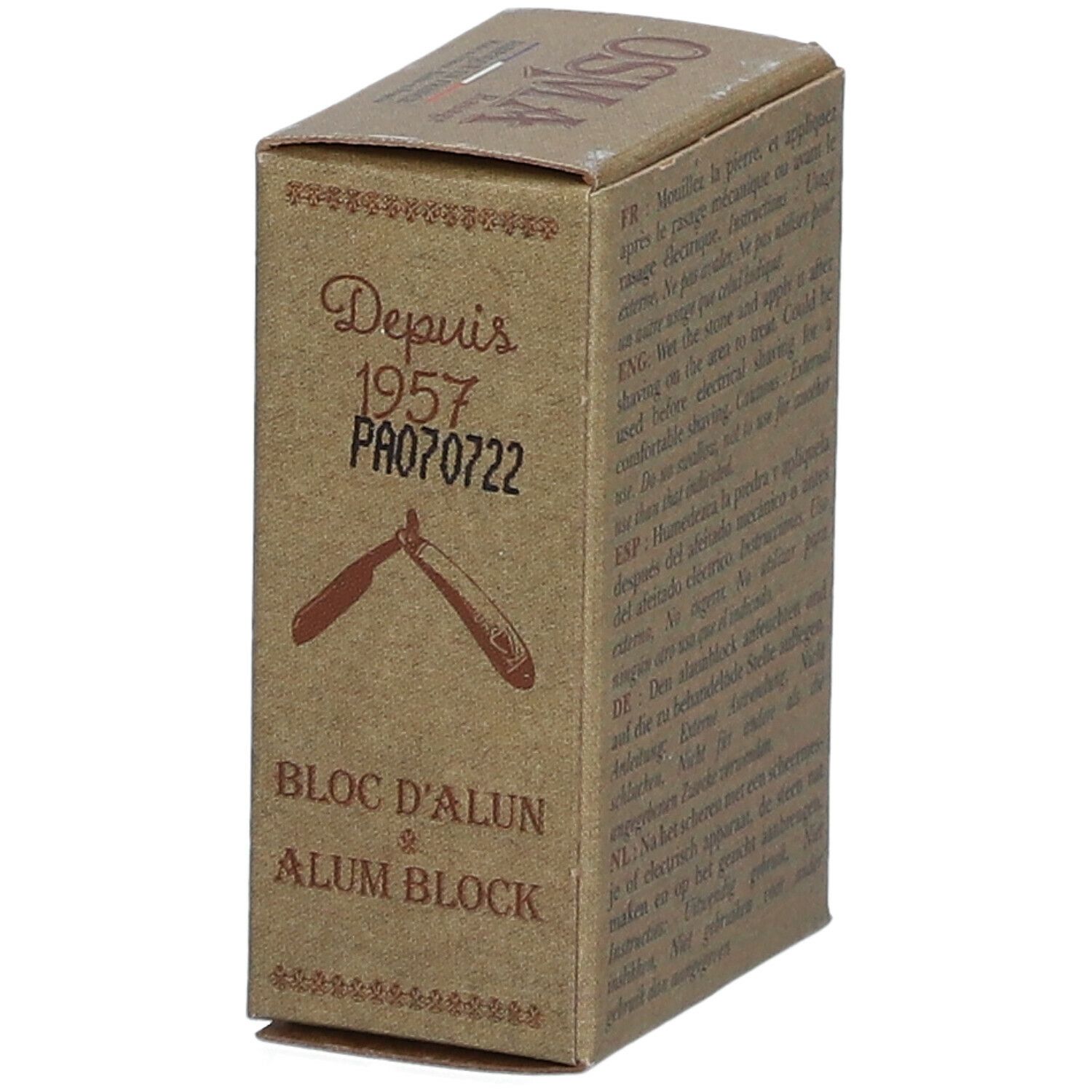 Kartonverpackung mit Aufdruck. Aufschrift: BLOC D'ALUN & ALUM BLOCK. Abbildung eines Rasierhobels.