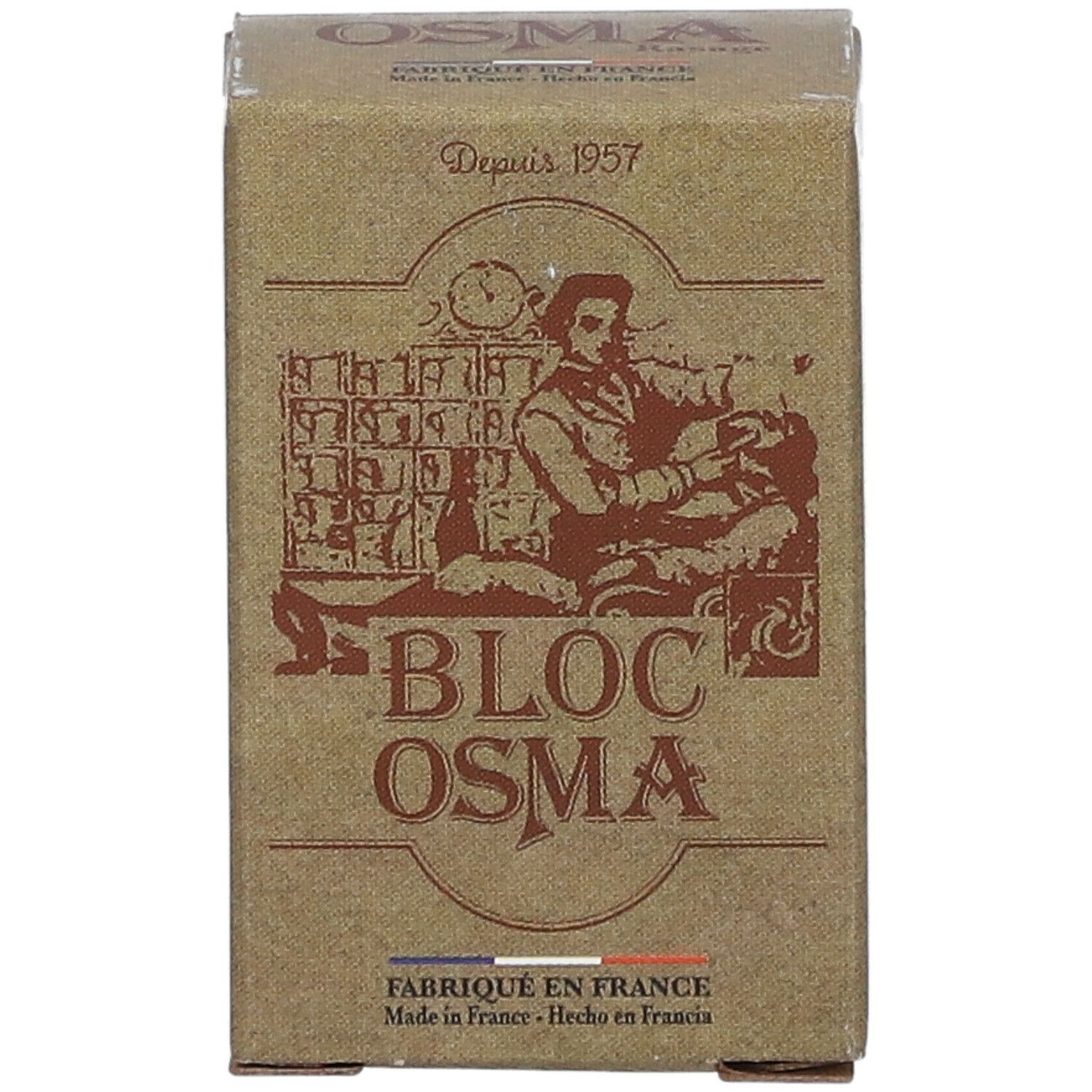 Kartonverpackung mit Aufdruck. Aufschrift: BLOC OSMA, FABRIQUÉ EN FRANCE. Illustration einer Person.