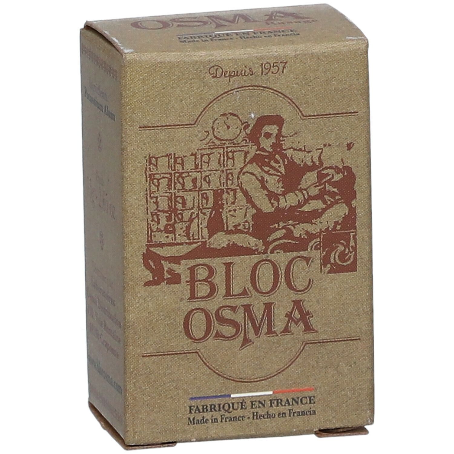 Kartonverpackung mit Aufdruck. Aufschrift: BLOC OSMA, FABRIQUÉ EN FRANCE. Illustration einer Person.