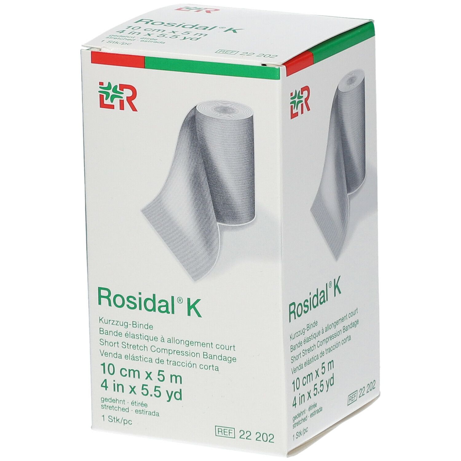 Rosidal K compressieverband, 10 cm x 5 m. Verpakking met verband en info.