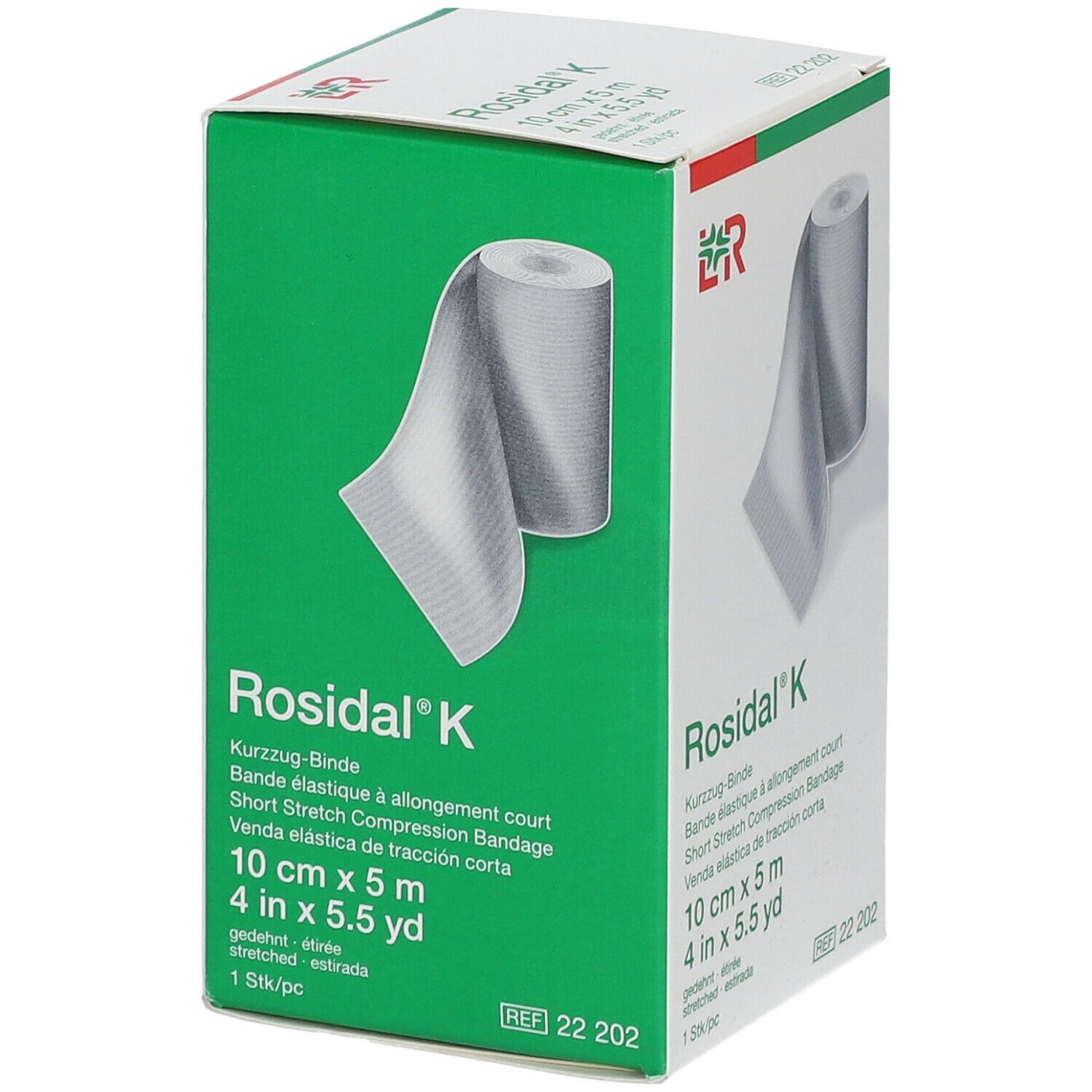 Rosidal K compressieverband, 10 cm x 5 m. Verpakking met verband en info.