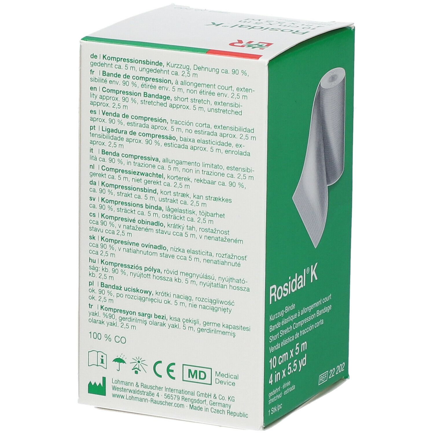 Rosidal K compressieverband, 10 cm x 5 m. Verpakking met info en certificering.