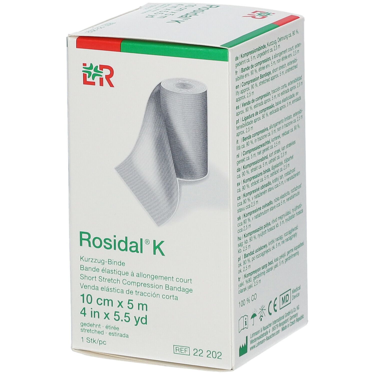 Rosidal K compressieverband, 10 cm x 5 m. Verpakking met verband en info.