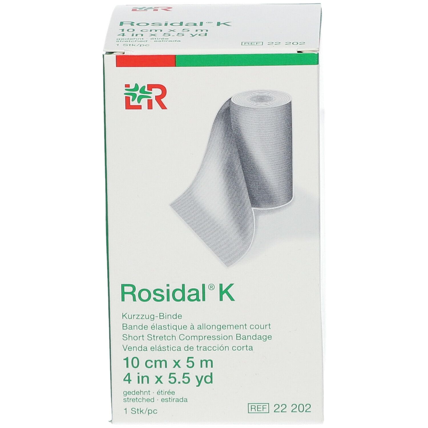 Rosidal K compressieverband, 10 cm x 5 m. Verpakking met verband en info.