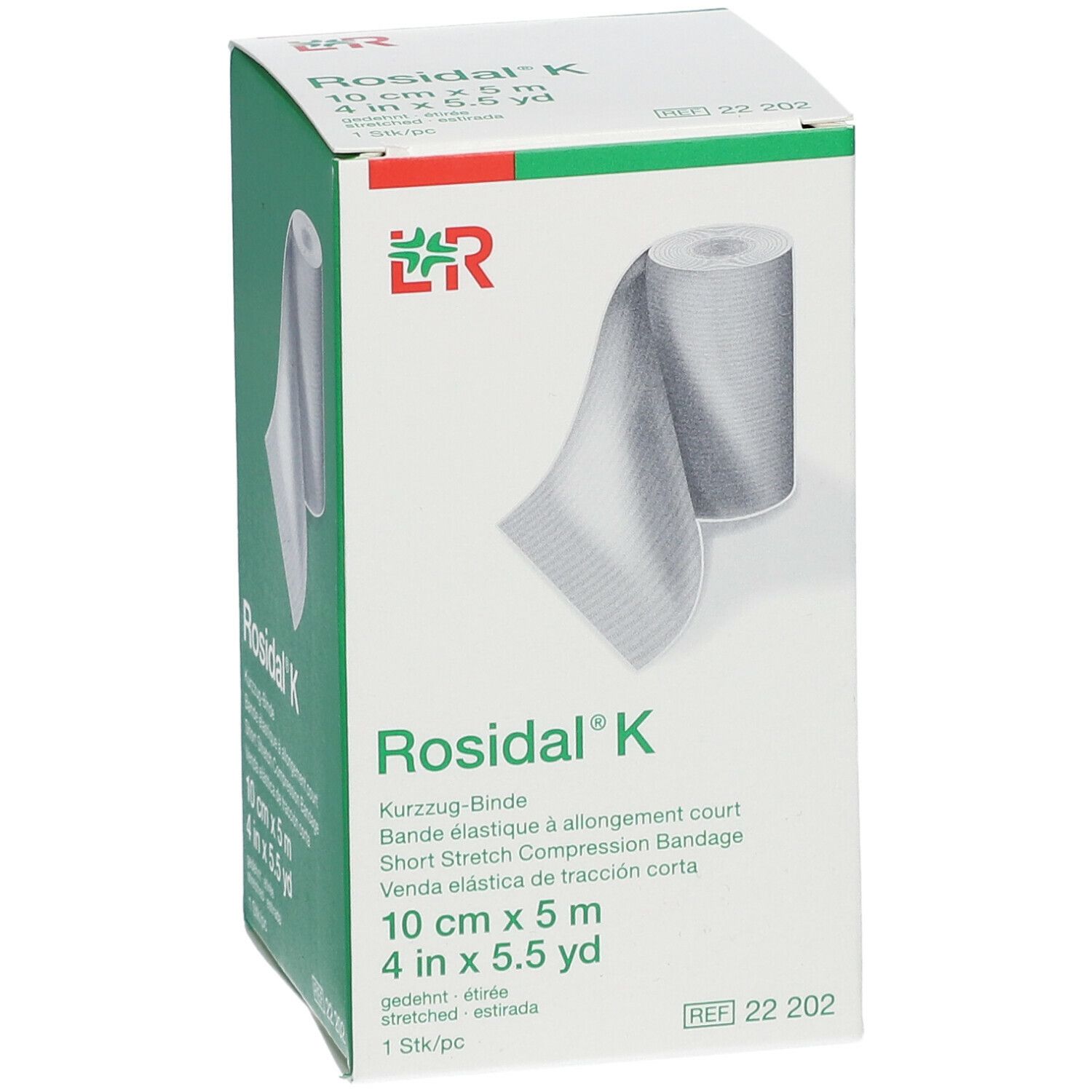 Rosidal K compressieverband, 10 cm x 5 m. Verpakking met verband en info.