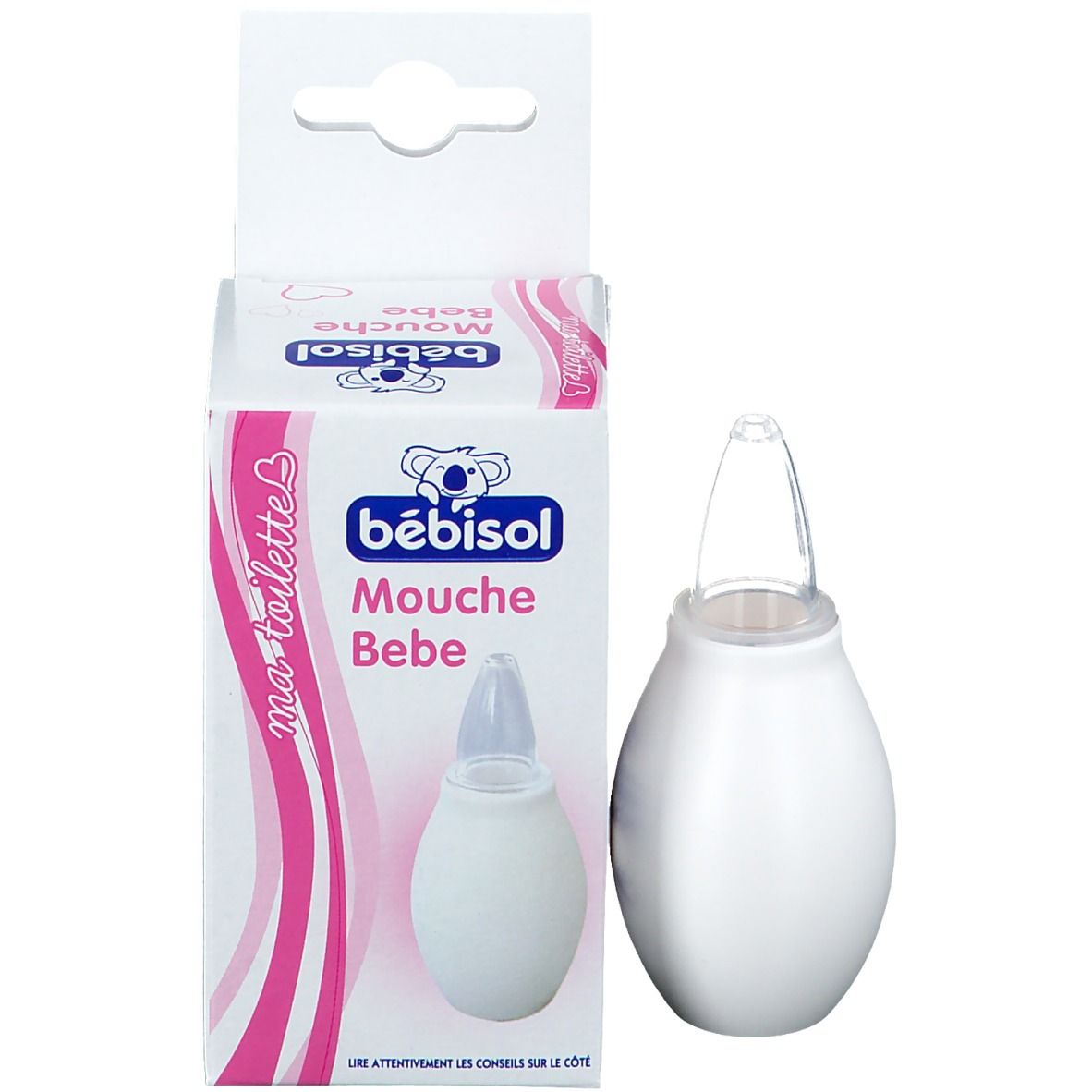 Verpakking met neusdouche. Doos met productafbeelding en tekst 'bébisol'.