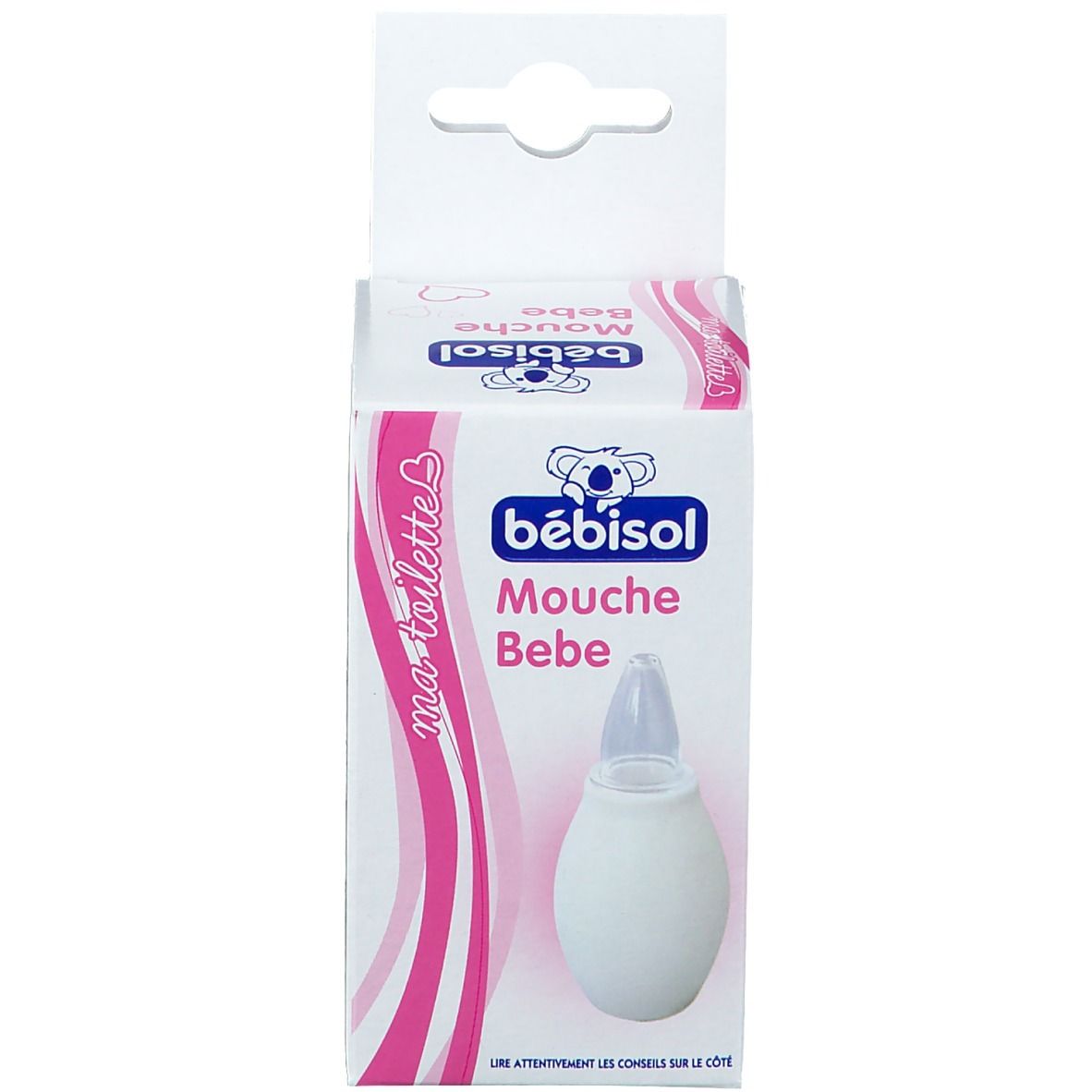 Verpakking met neusdouche. Doos met productafbeelding en tekst 'bébisol'.