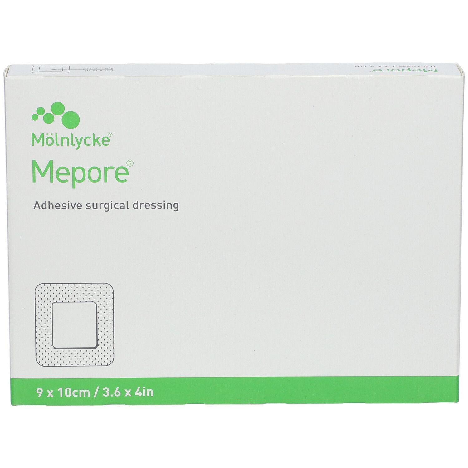 Face avant de la boîte de pansements Mepore®. Dimensions 9 x 10 cm. Blanc et vert. Image du produit.
