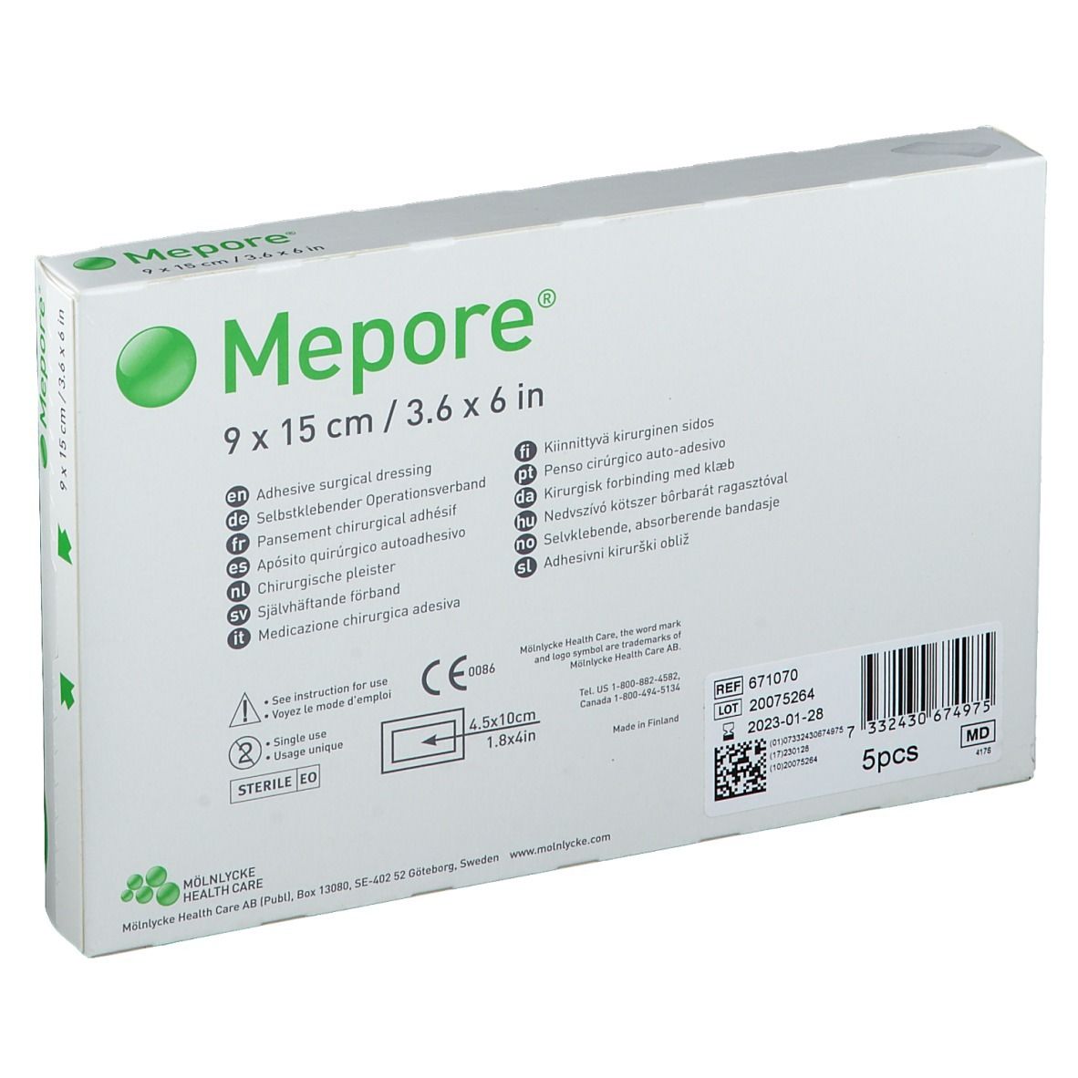 Emballage Mepore® 9 x 15 cm, contenant 5 pièces. Emballage stérile. MÖLNLYCKE HEALTH CARE. Marquage CE.