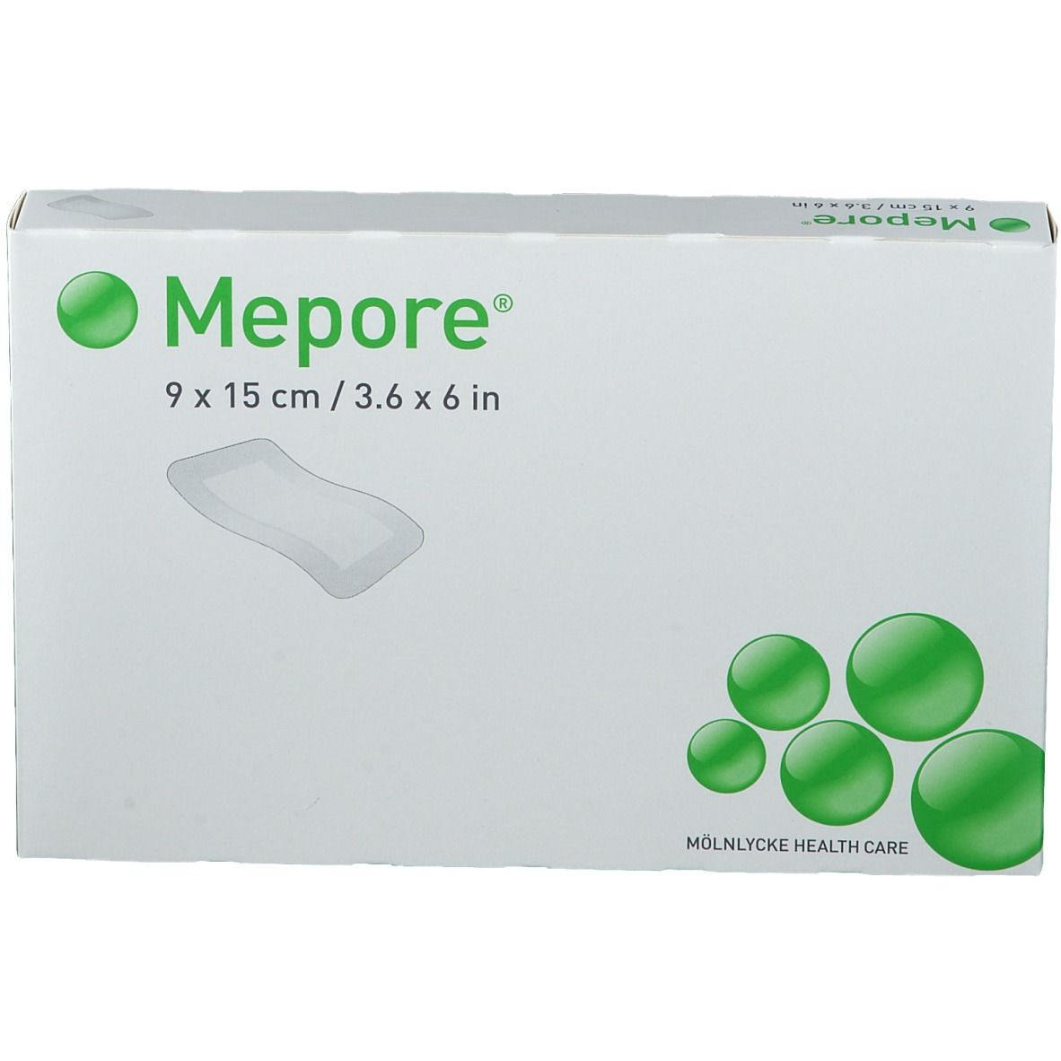 Emballage Mepore® 9 x 15 cm. Blanc avec accents verts. MÖLNLYCKE HEALTH CARE.