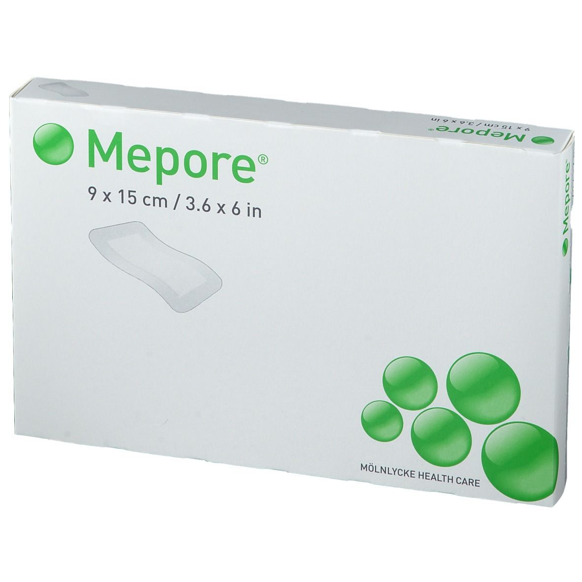 Emballage Mepore® 9 x 15 cm. Blanc avec accents verts. MÖLNLYCKE HEALTH CARE.
