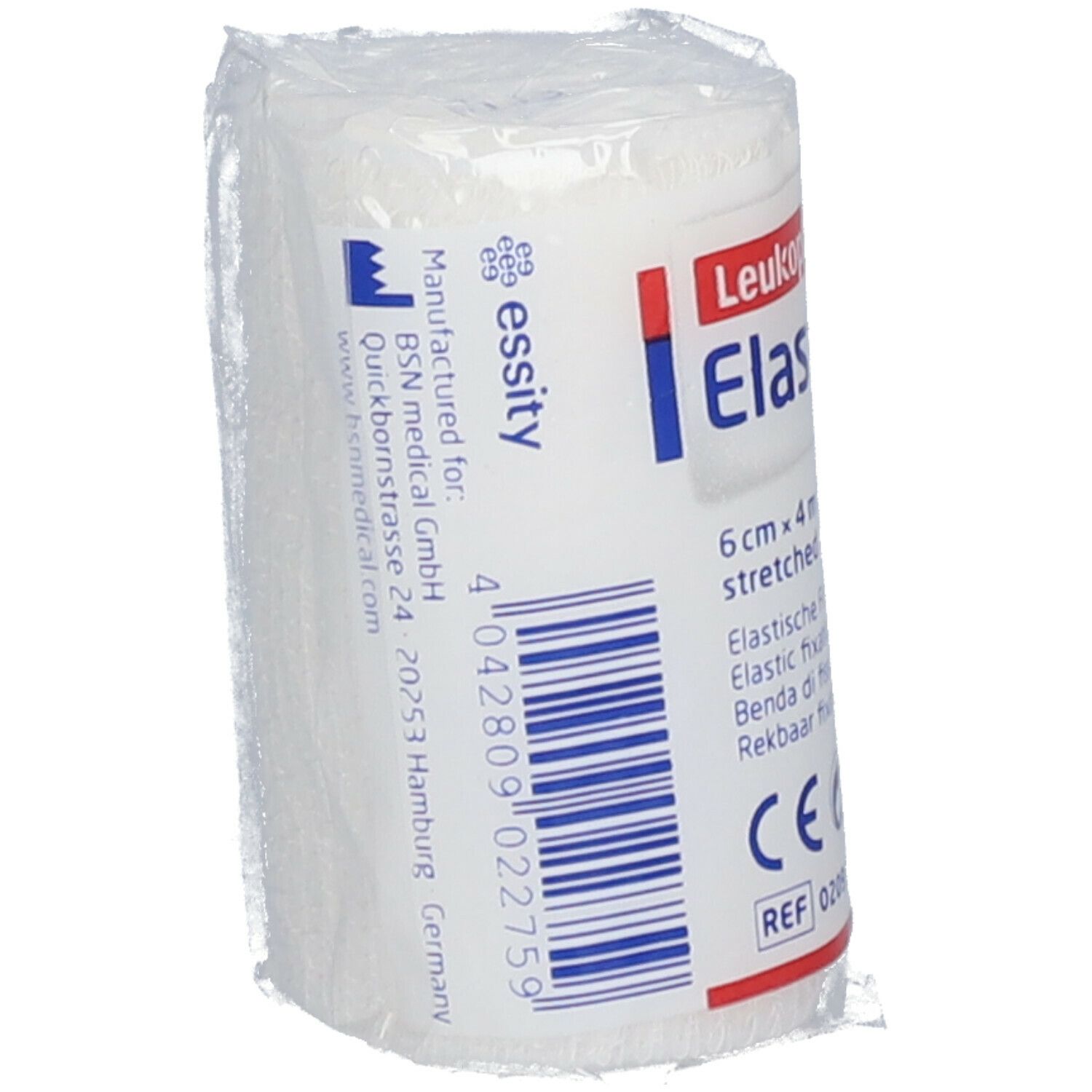 Bande de fixation Elastomull, 6 cm x 4 m, emballée. Inscriptions : marque, nom du produit, taille, code-barres, adresse du fabricant.
