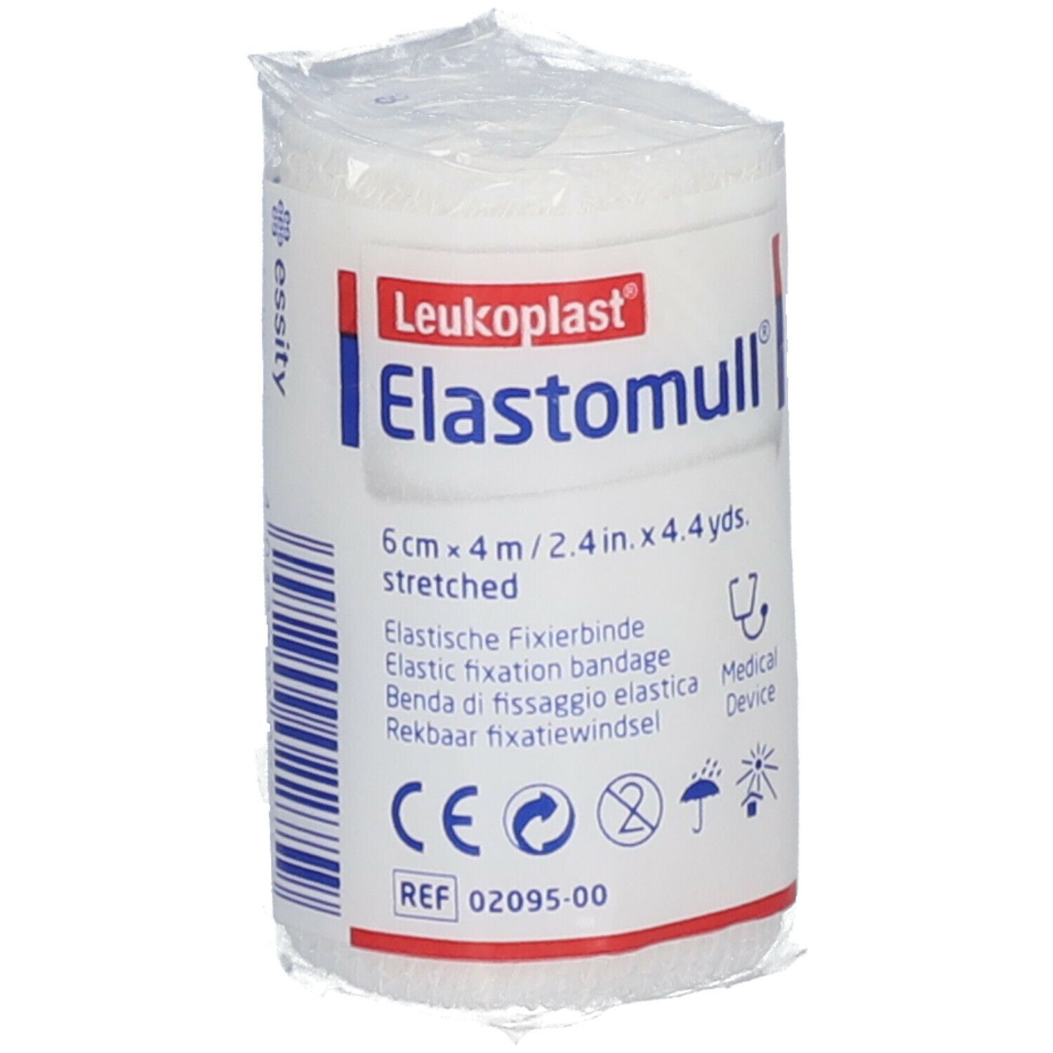 Bande de fixation Elastomull, 6 cm x 4 m, emballée. Inscriptions : marque, nom du produit, taille, symboles médicaux, marquage CE.