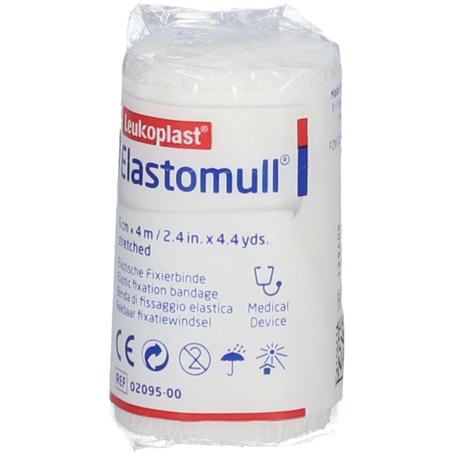 Bande de fixation Elastomull, 6 cm x 4 m, emballée. Inscriptions : marque, nom du produit, taille, symboles médicaux, marquage CE.