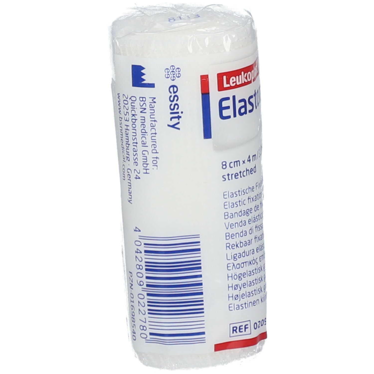 Benda di fissaggio Elastomull bianca, arrotolata. Retro con codice a barre e informazioni produttore. Marchio Essity.