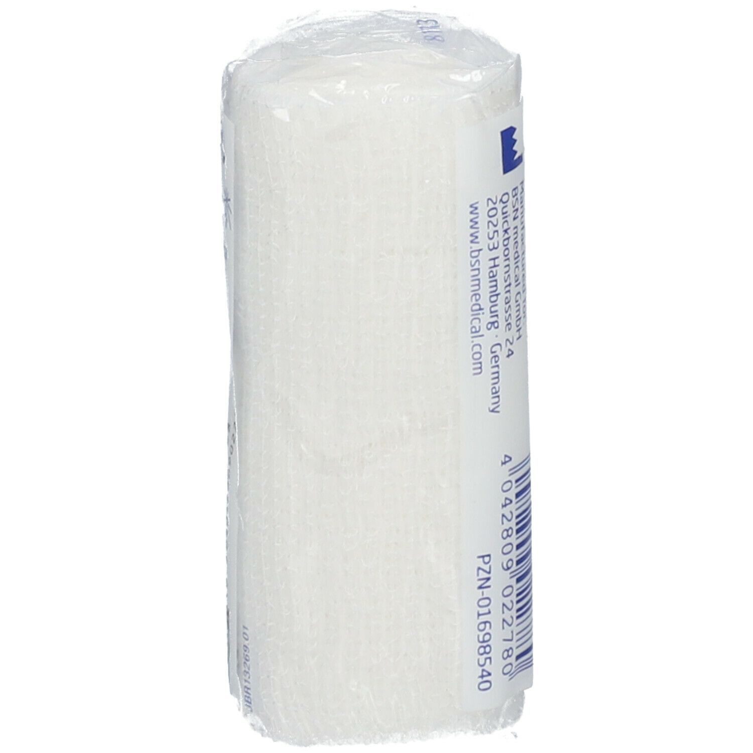 Benda di fissaggio Elastomull bianca, arrotolata, confezionata. Retro con codice a barre e informazioni produttore.