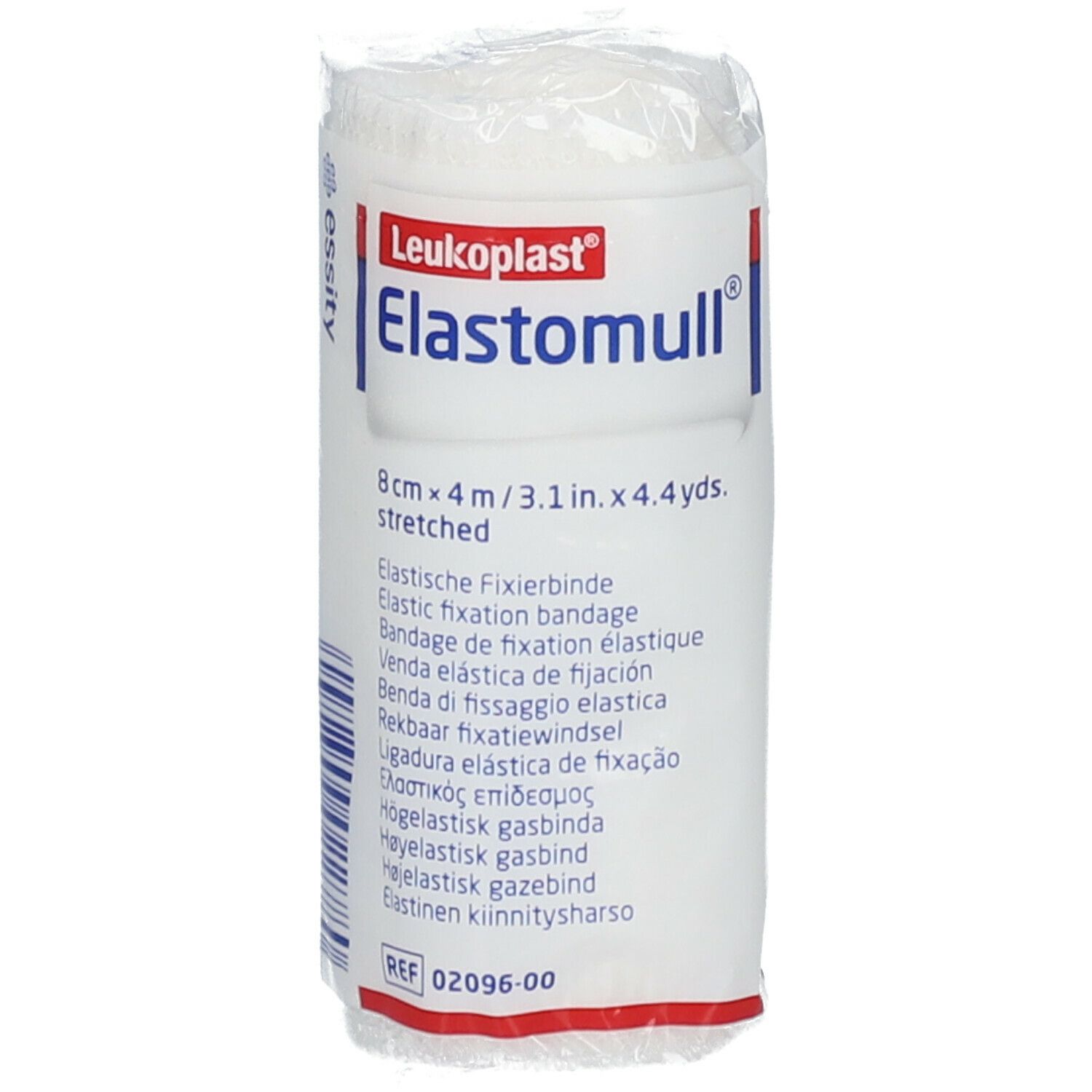Benda di fissaggio Elastomull bianca, arrotolata. Stampa: 8cm x 4m, marchio Leukoplast. Denominazione multilingue.
