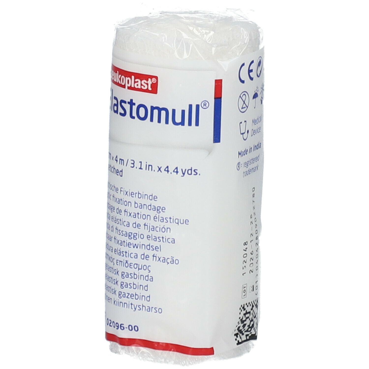 Benda di fissaggio Elastomull bianca, arrotolata. Stampa: 8cm x 4m, marchio Leukoplast. Con marchio CE e simboli medici.