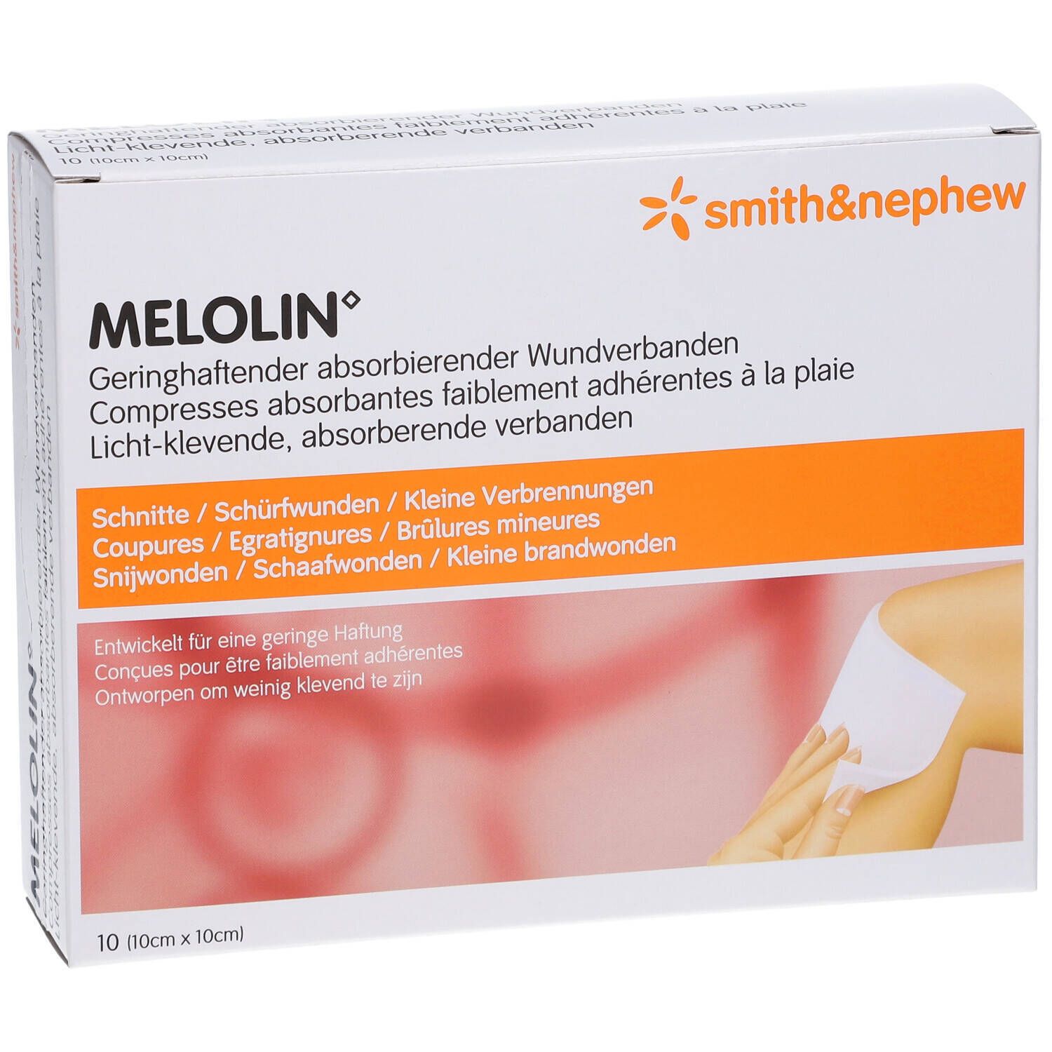 Boîte de pansements Melolin. Bande orange avec nom du produit et exemples d'utilisation. Logo Smith & Nephew.