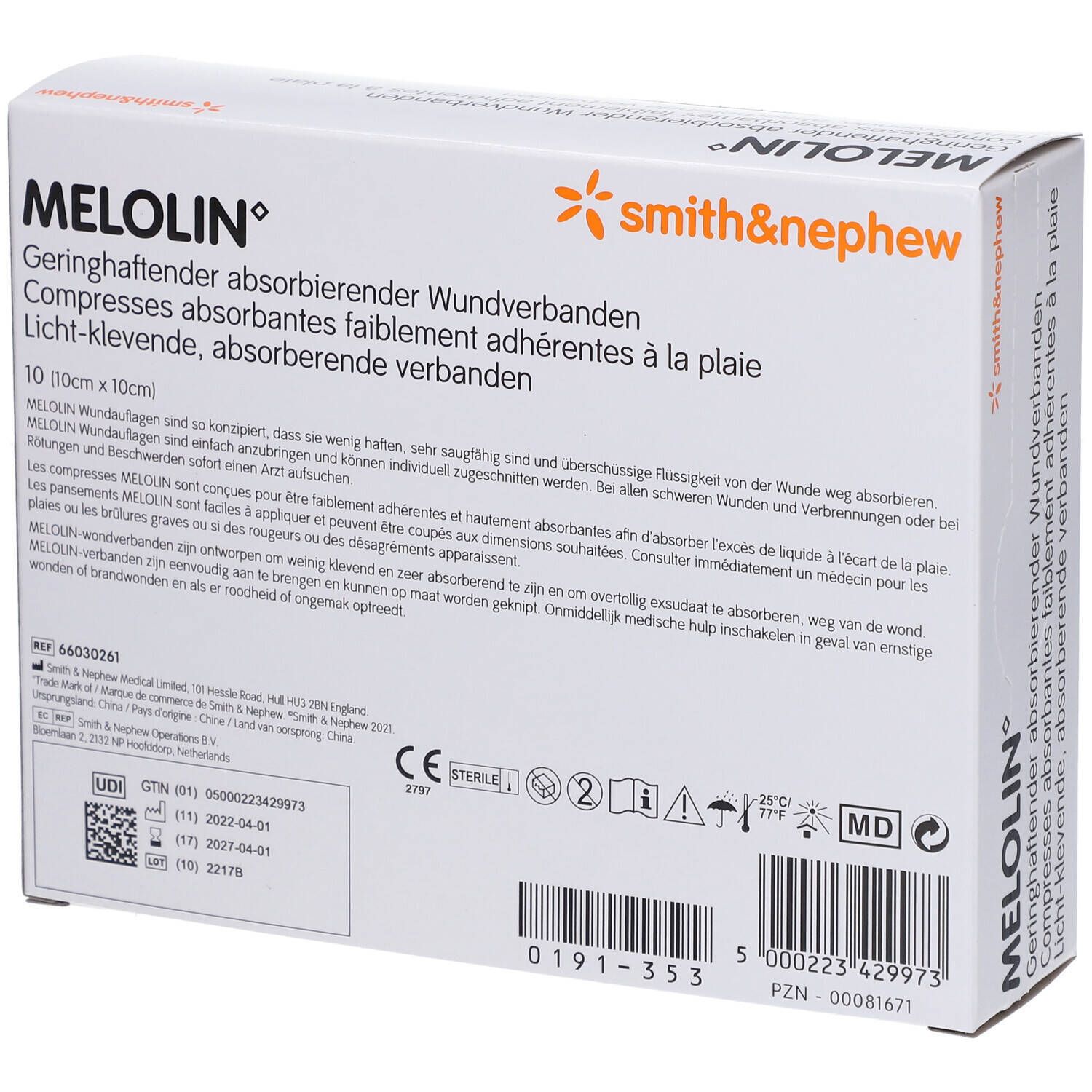 Dos de l'emballage Melolin. Texte multilingue. Logo Smith & Nephew. Marquage dispositif médical.