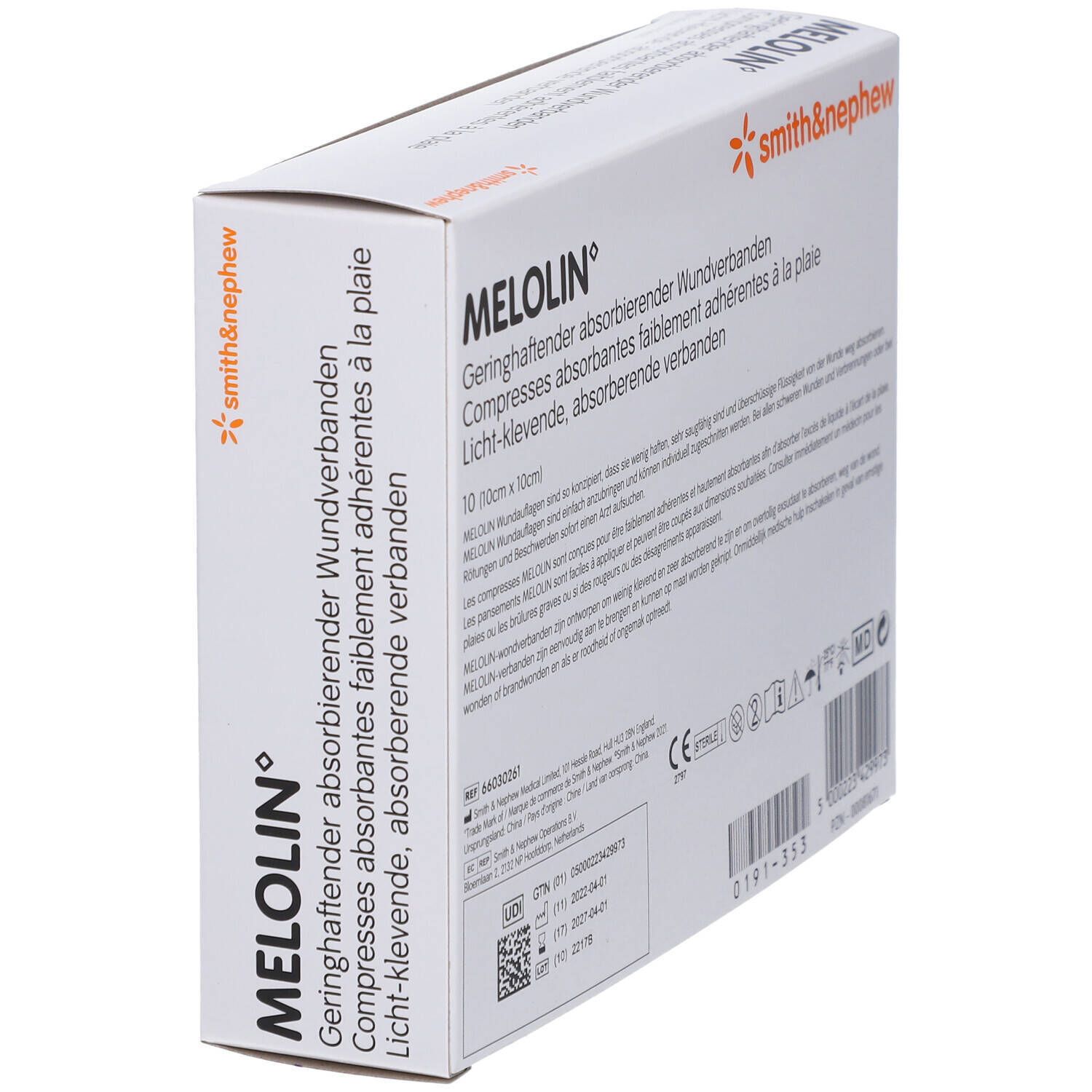 Vue latérale de l'emballage Melolin. Nom du produit et texte multilingue. Logo Smith & Nephew.