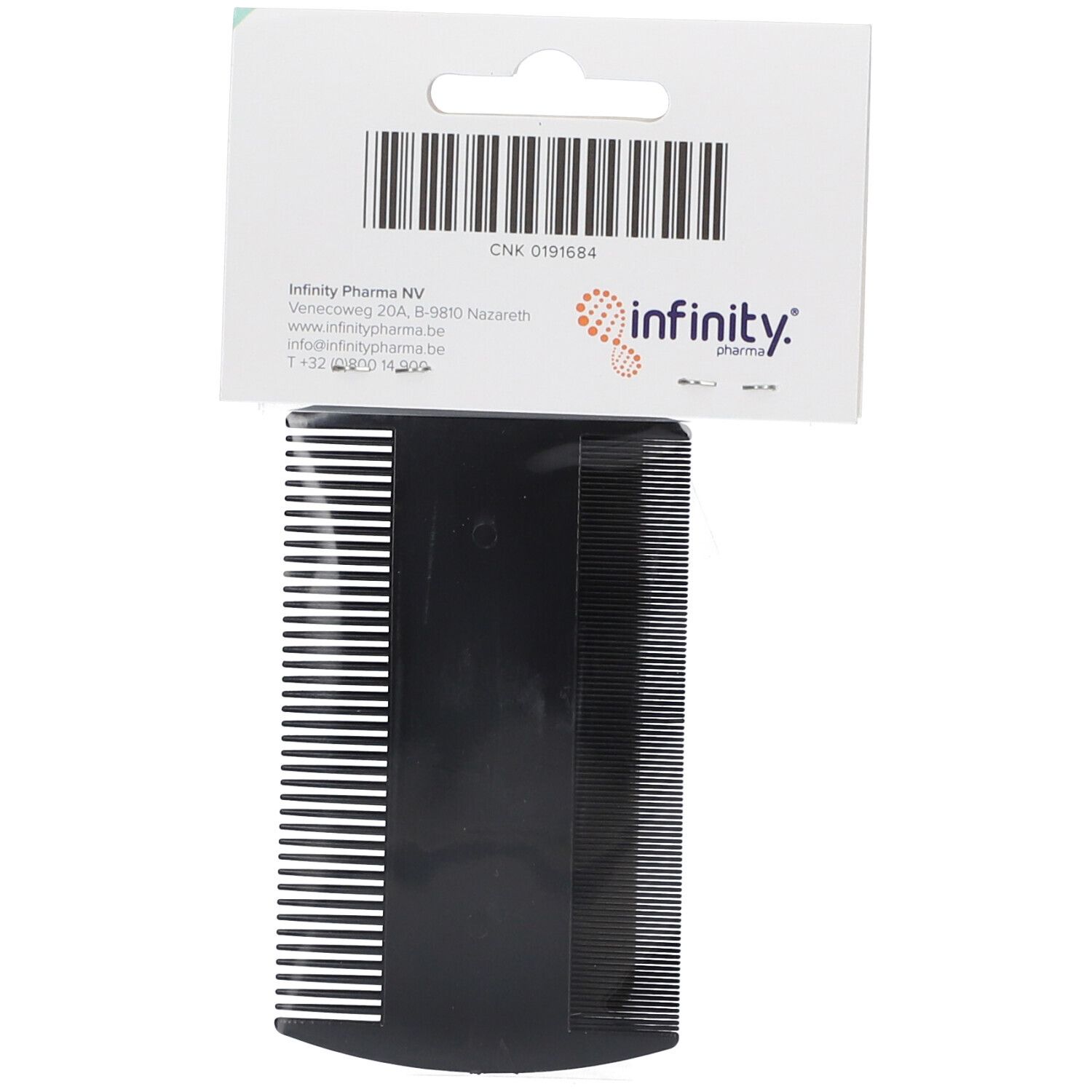 Peigne à poux noir avec emballage. L'emballage indique "CNK 0191684" et le logo "infinity pharma".