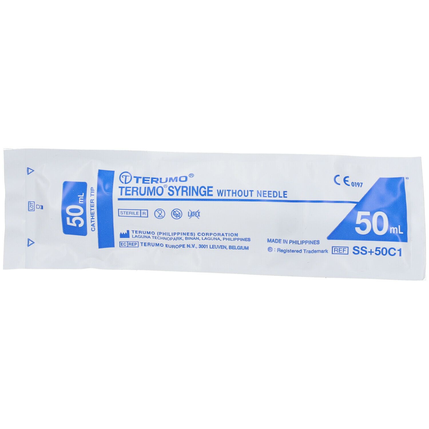 Emballage pour seringue Terumo sans aiguille. Design bleu et blanc. 50 ml.