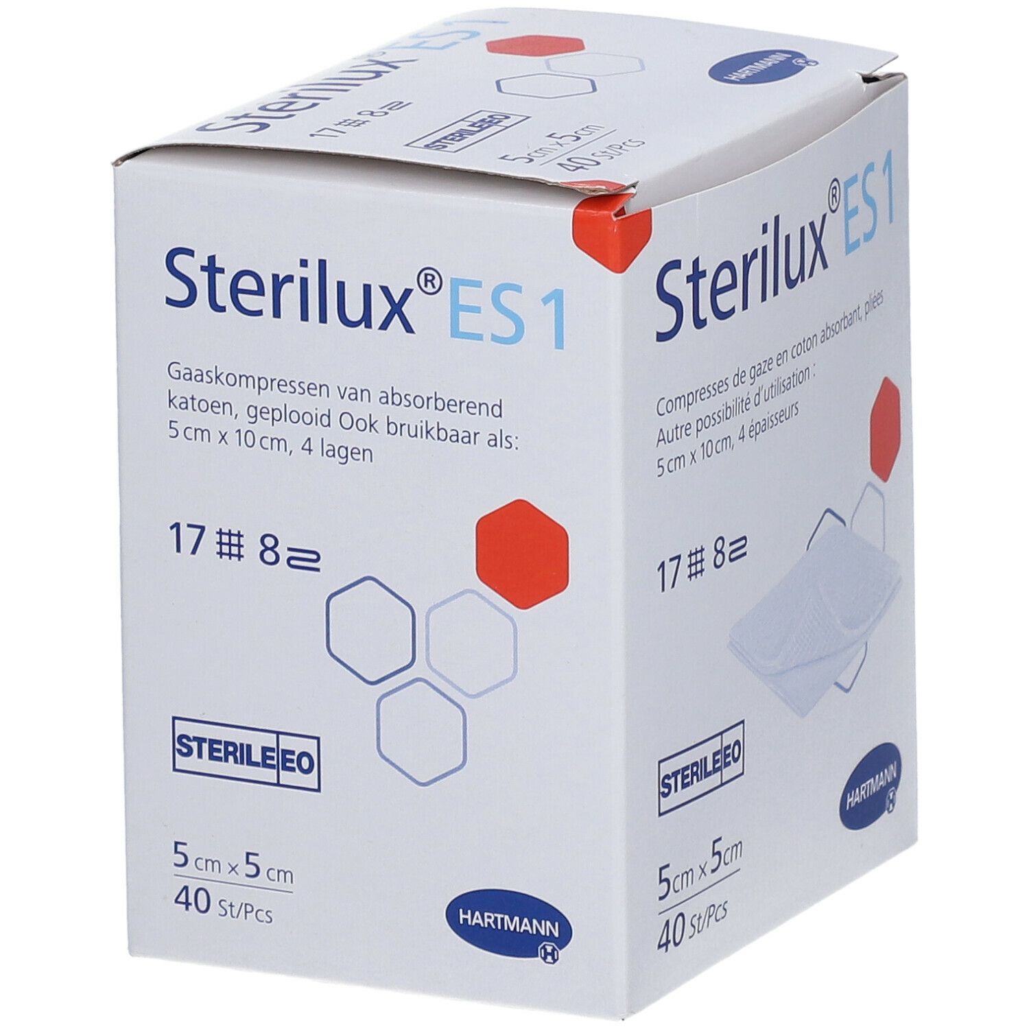 Compresses de gaze Hartmann Sterilux ES1. 5cm x 5cm, 40 pièces. Emballage avec image du produit et nom de la marque.