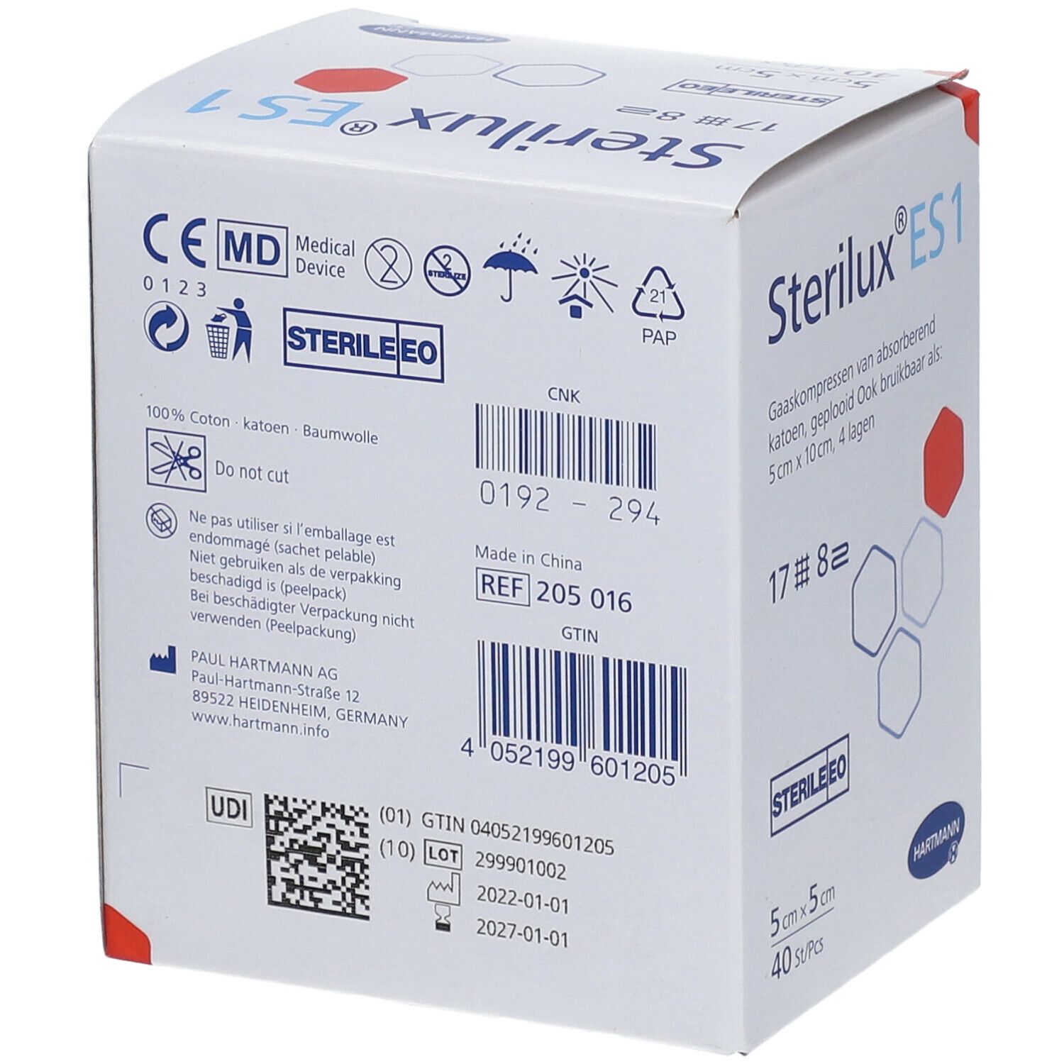 Dos de l'emballage Hartmann Sterilux ES1. Informations produit, code-barres et certifications.