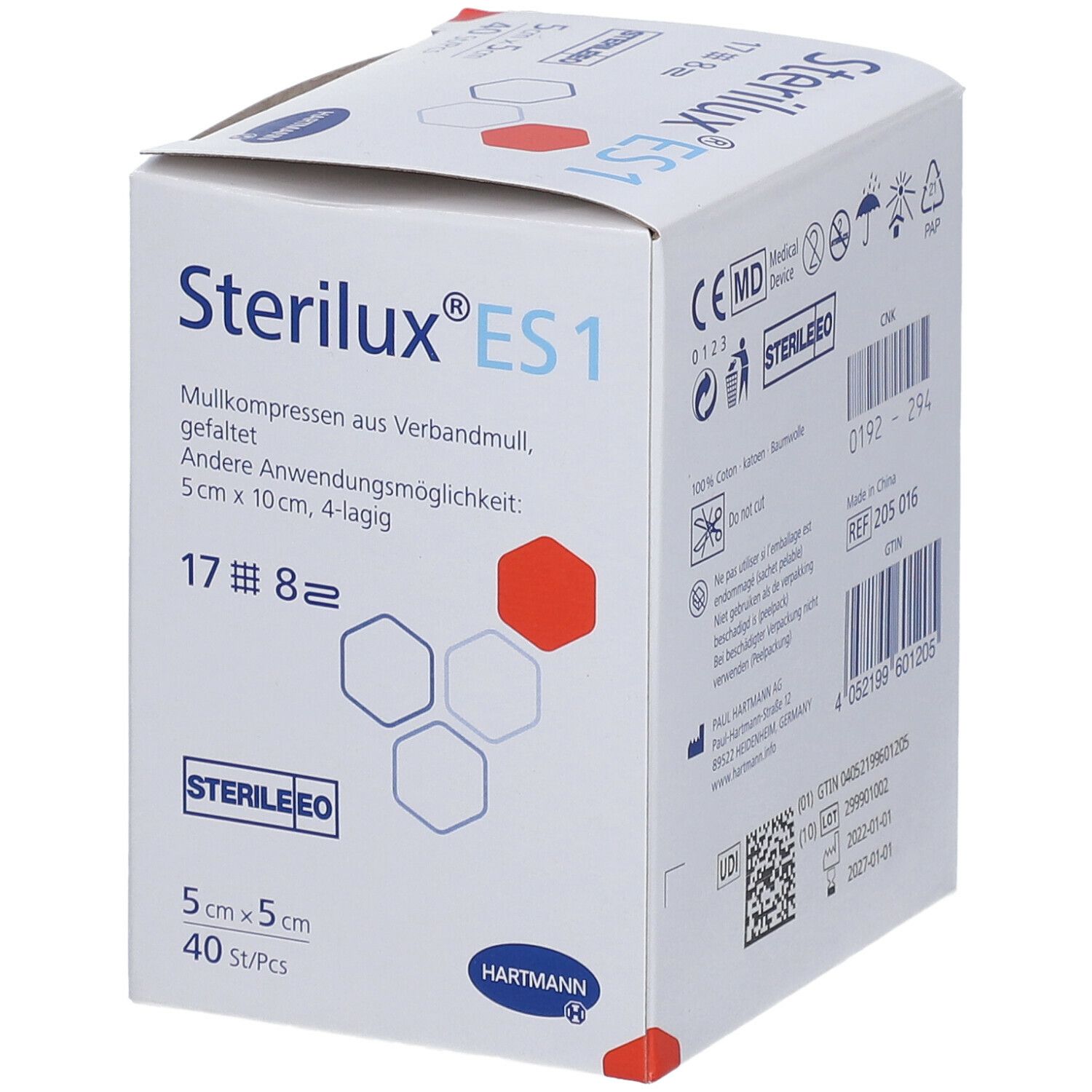 Compresses de gaze Hartmann Sterilux ES1. 5cm x 5cm, 40 pièces. Emballage avec image du produit et nom de la marque.