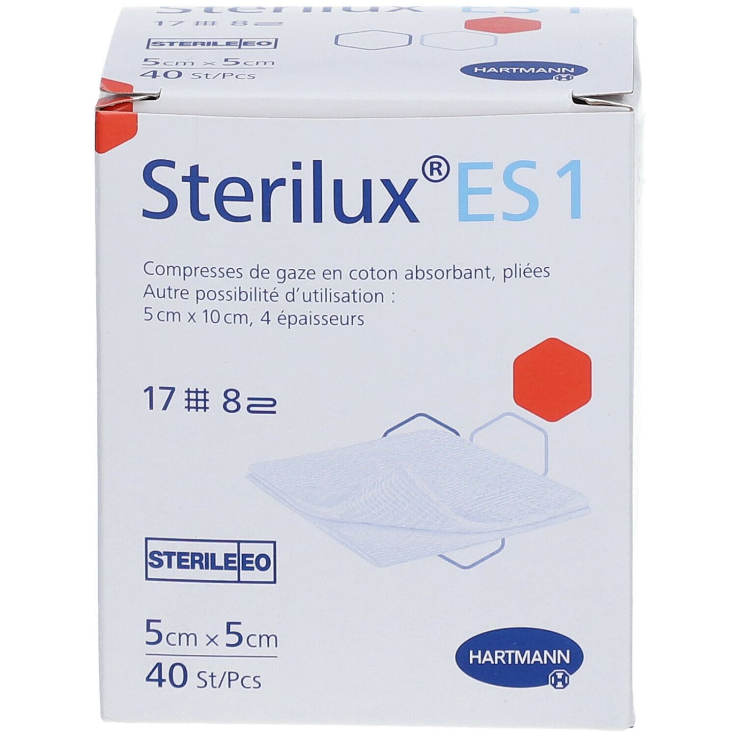 Compresses de gaze Hartmann Sterilux ES1. 5cm x 5cm, 40 pièces. Emballage avec image du produit et nom de la marque.