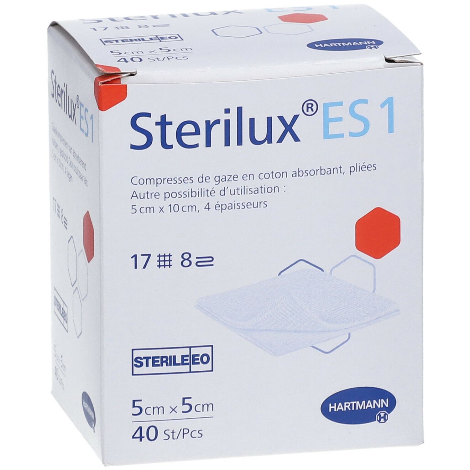 Compresses de gaze Hartmann Sterilux ES1. 5cm x 5cm, 40 pièces. Emballage avec image du produit et nom de la marque.