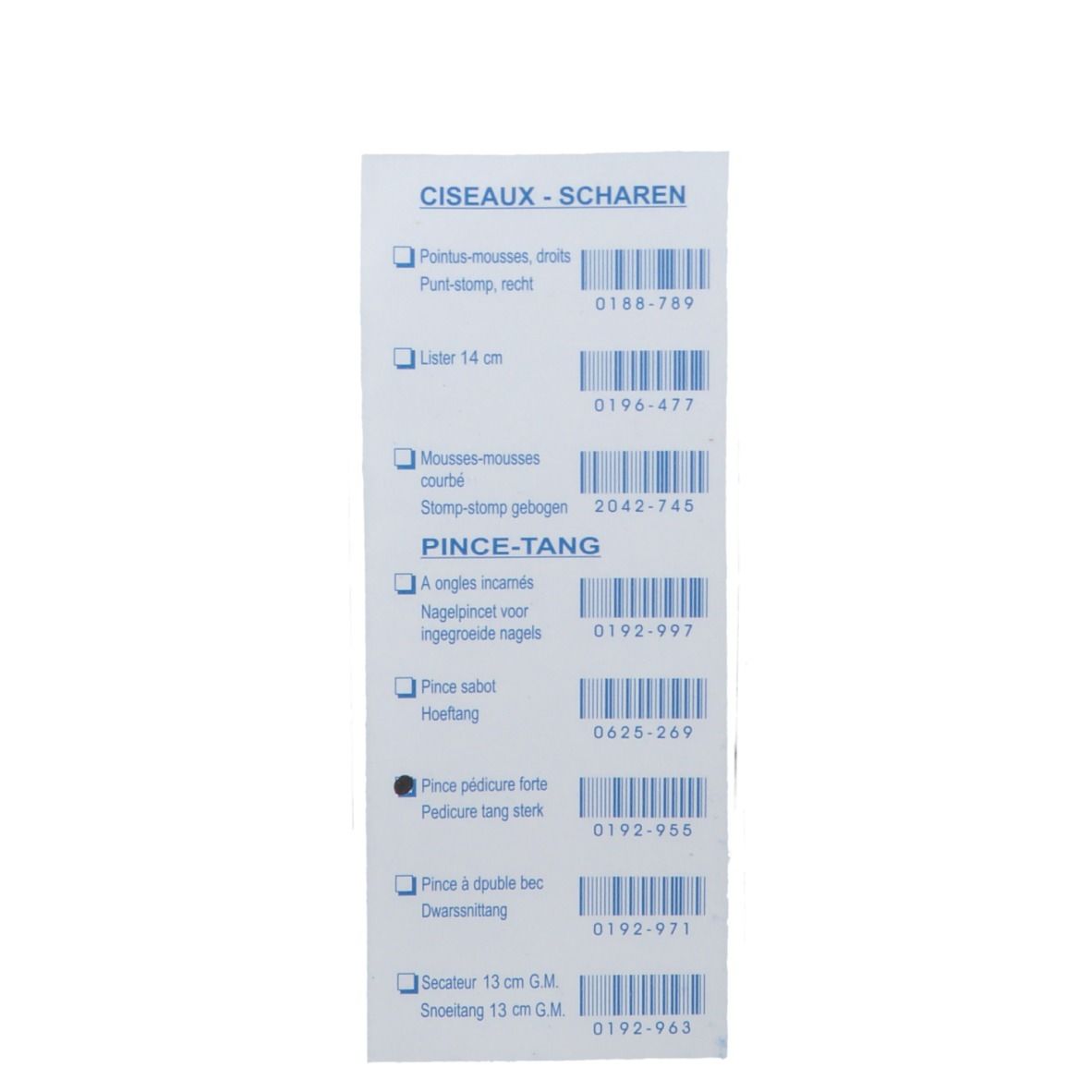 Informations produit pour pinces à ongles. Liste de modèles et tailles, codes-barres.