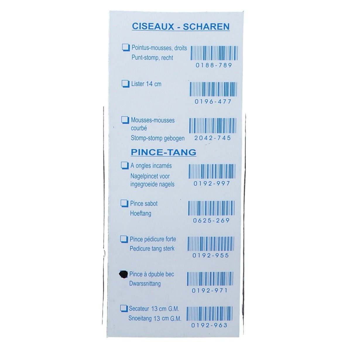 Dos de l'emballage. Texte: Ciseaux-Scheren, Pince-Tang. Codes-barres et noms de produits.