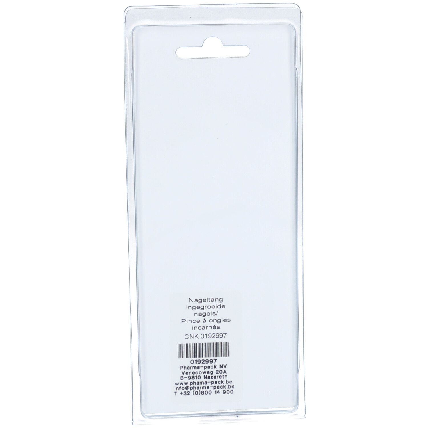Achterkant van de blisterverpakking. Tekst: Nageltang, ingegroeide nagels, pince à ongles incarnés. CNK 0192997. Pharma-pack.
