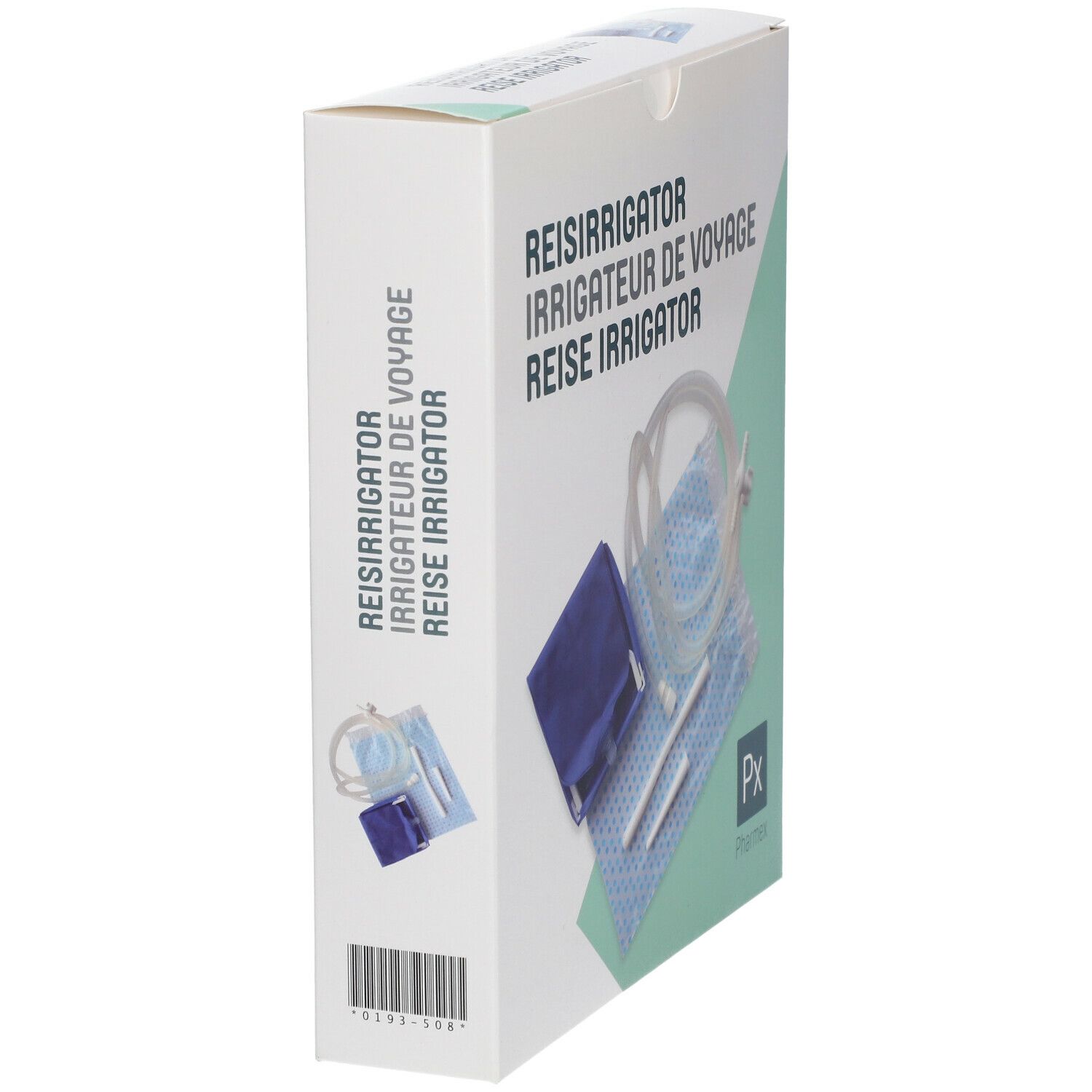 Emballage rectangulaire d'irrigateur de voyage. Contient sac, tubes, accessoires. Pharmex.