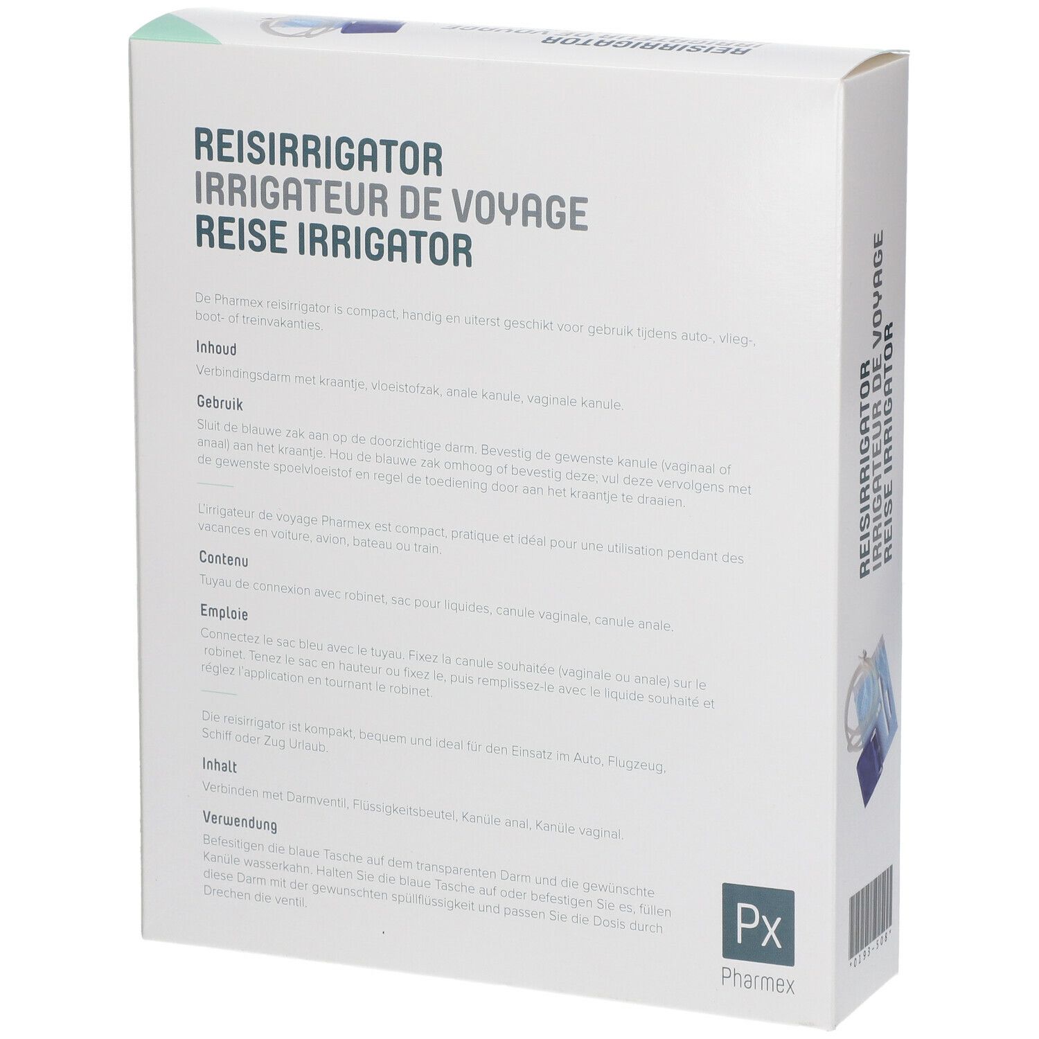Emballage avec texte. Irrigateur de voyage. Texte en allemand, français, néerlandais. Pharmex.