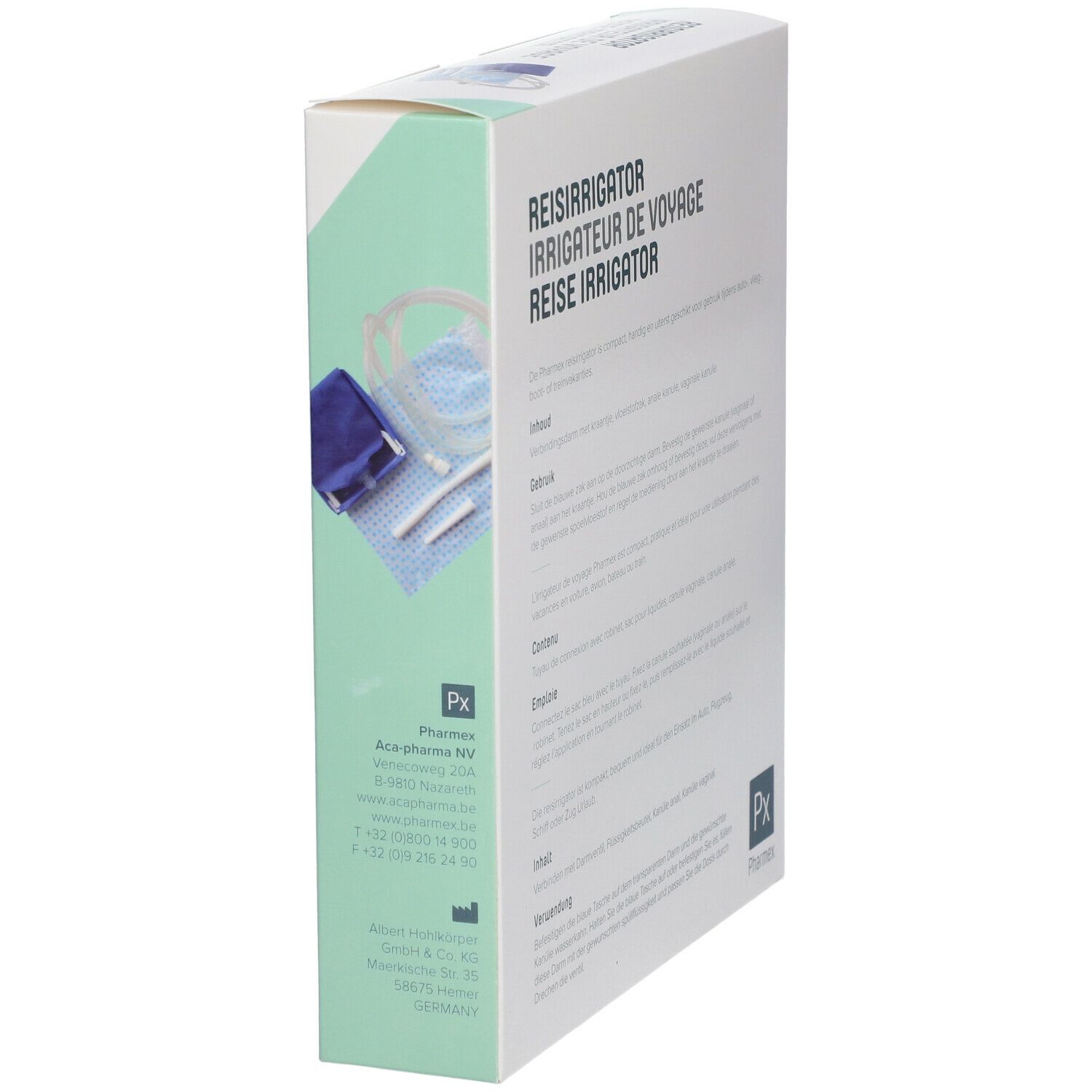 Emballage avec texte. Irrigateur de voyage. Marque Pharmex. Adresse et coordonnées.
