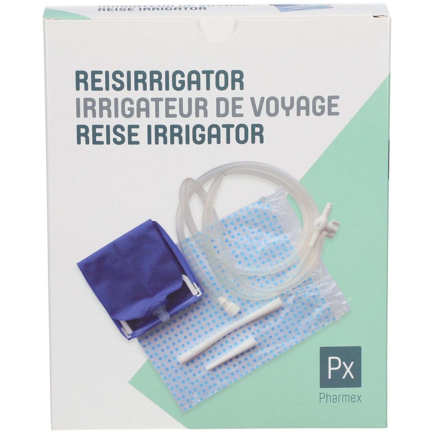 Emballage d'irrigateur de voyage. Comprend sac, tubes, embouts. Marque Pharmex.