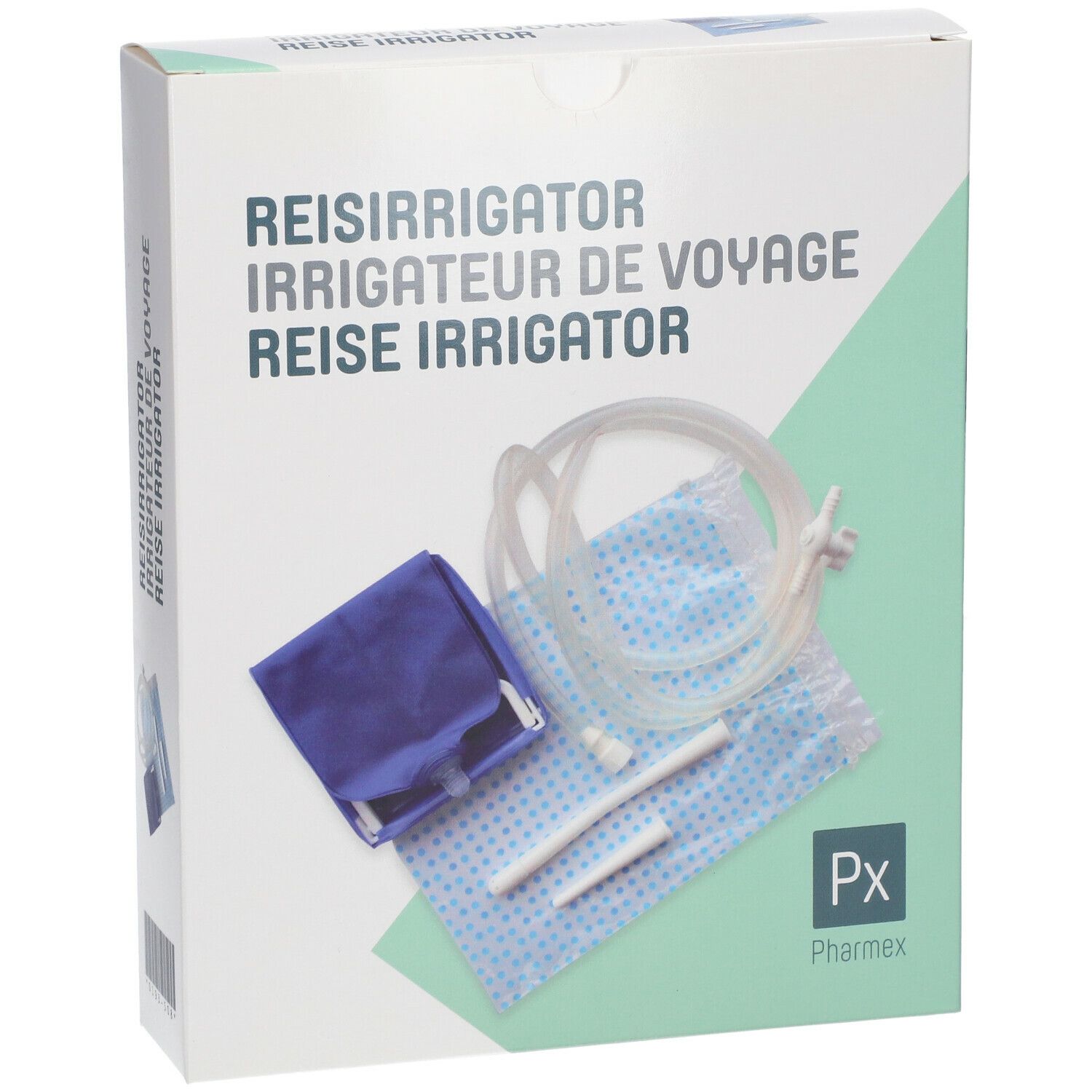 Emballage d'irrigateur de voyage. Comprend sac, tubes, embouts. Marque Pharmex.