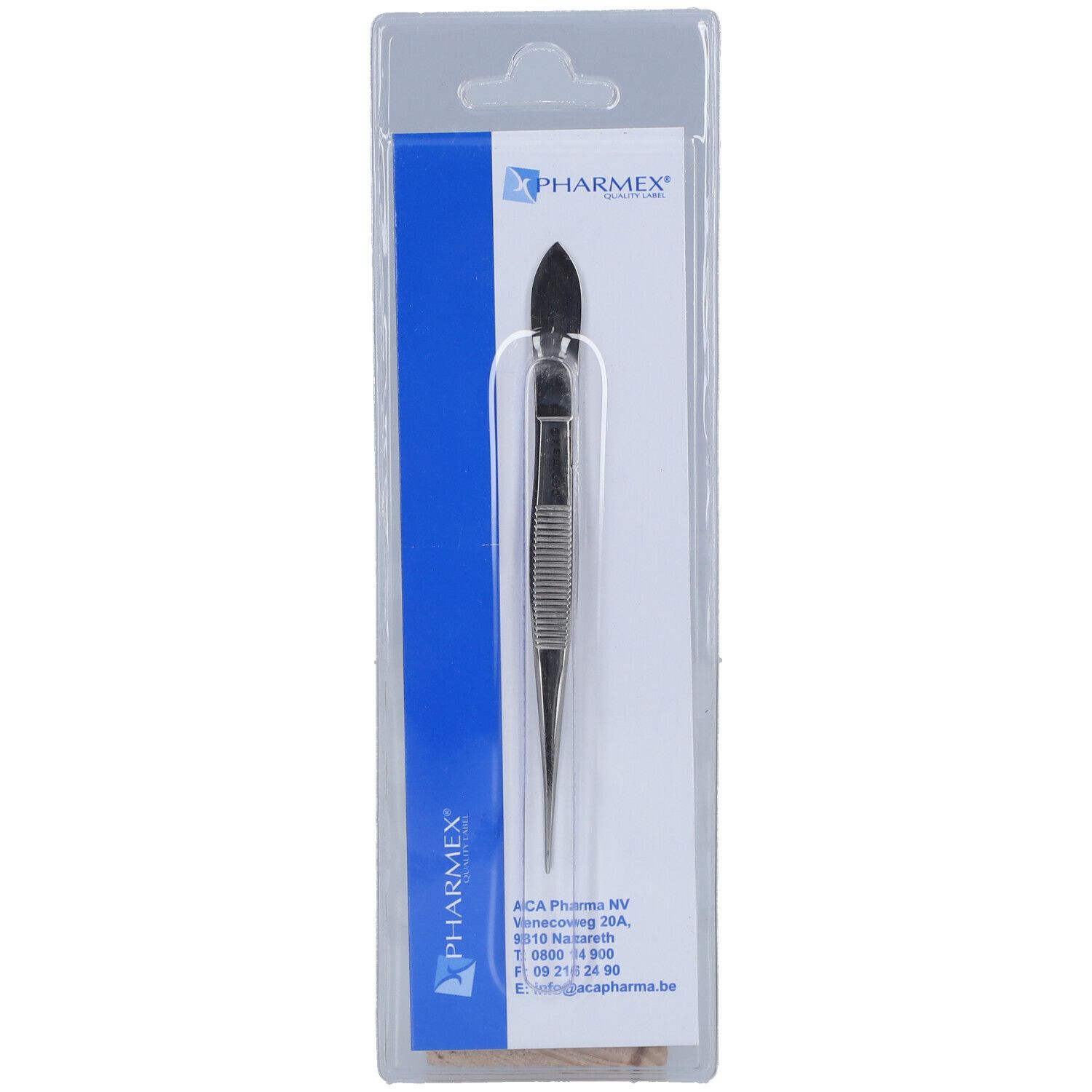 Pince à échardes en blister. Métal brillant, manche strié. Marque Pharmex® visible.