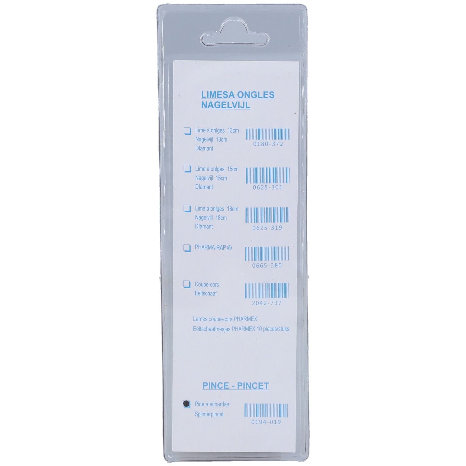 Dos de l'emballage blister. Informations produit et codes-barres. Texte: Pince-pincet, Lime à ongles.