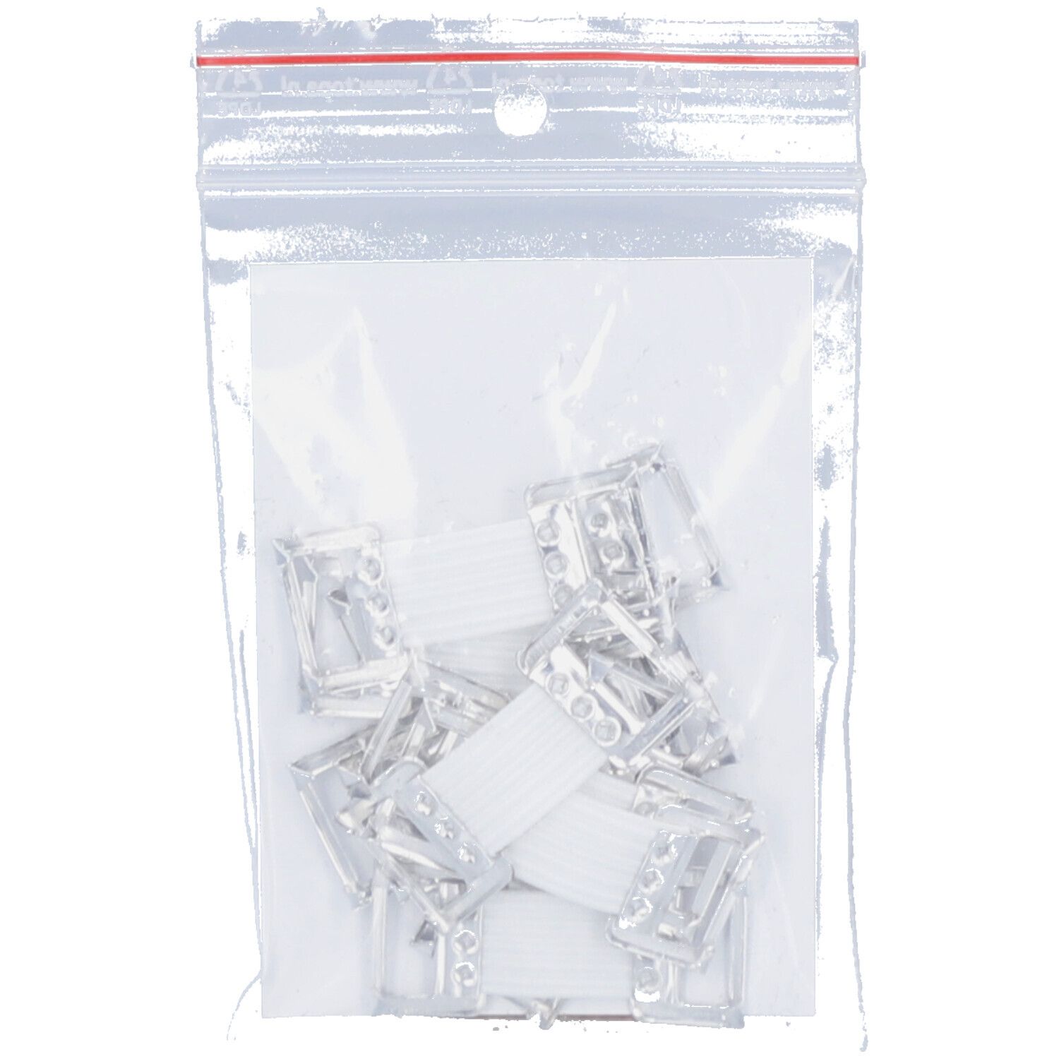 Transparante plastic zak met zilveren bandagehaken. De haken zijn rechthoekig met witte banden. Meerdere haken zijn zichtbaar in de zak.