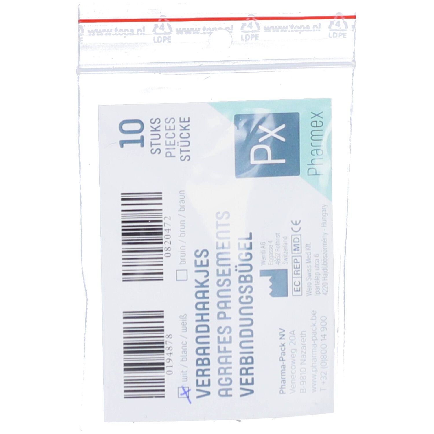 Verpakking met 10 bandagehaken. Tekst met productnaam, barcode en logo. De verpakking is wit met blauwe en groene elementen.