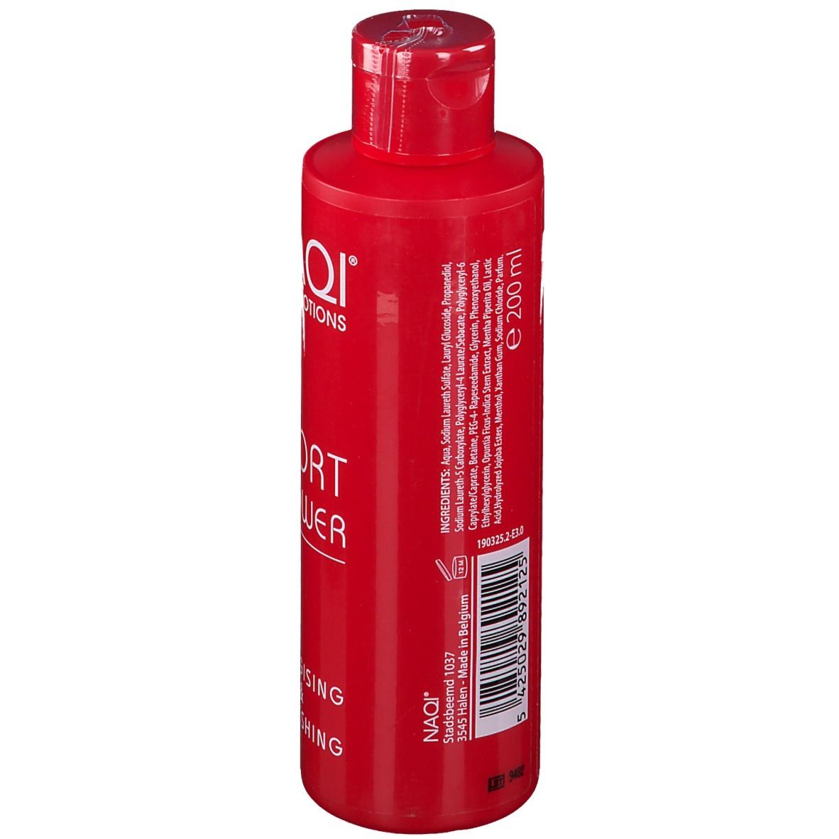 Rote Flasche NAQI Sport Shower. Rückseite mit Inhaltsstoffen und Herstellerinformationen. Klappverschluss.