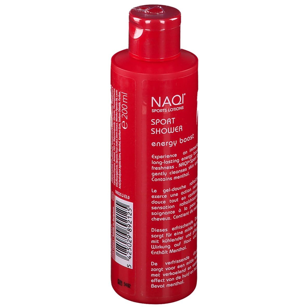 Rote Flasche NAQI Sport Shower. Text: Energy Boost. Enthält Menthol. Klappverschluss. 200 ml.