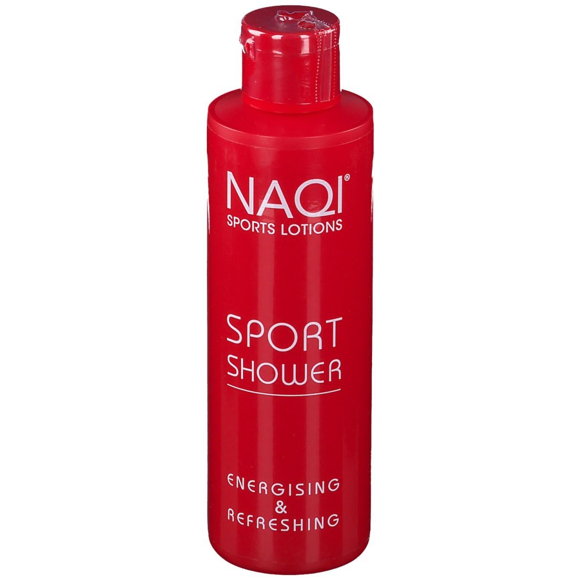 Rote Flasche mit NAQI Sport Shower-Etikett. Text: Energising & Refreshing. Klappverschluss.